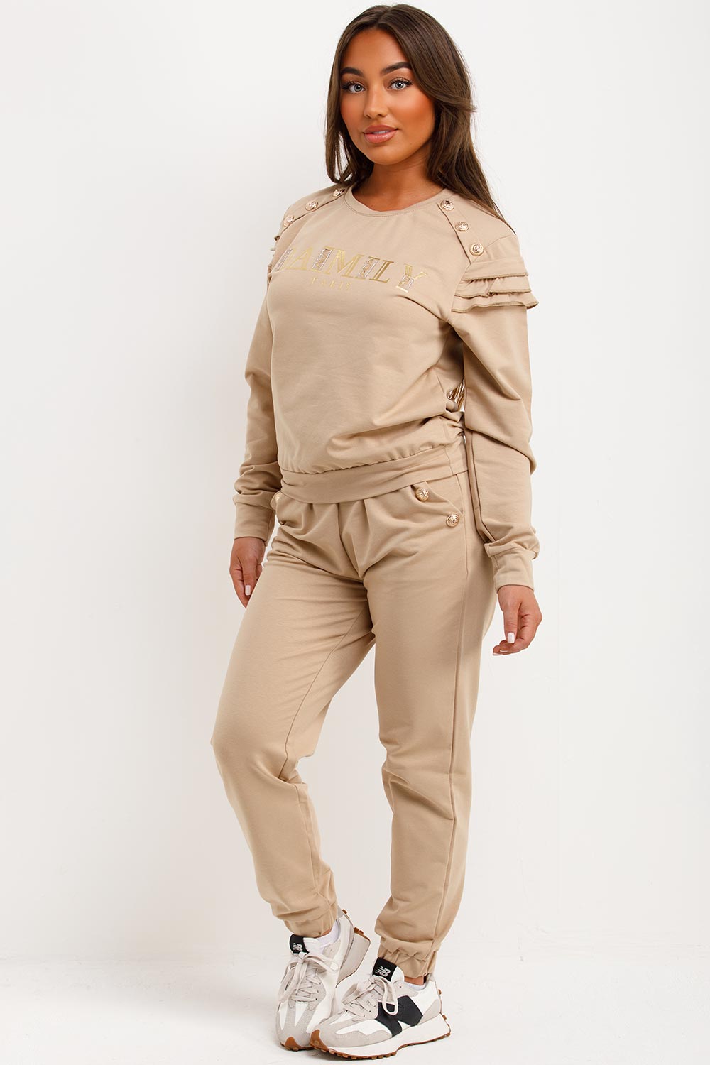 frill shoulder gold button top and trousers tracksuit set airport outfit