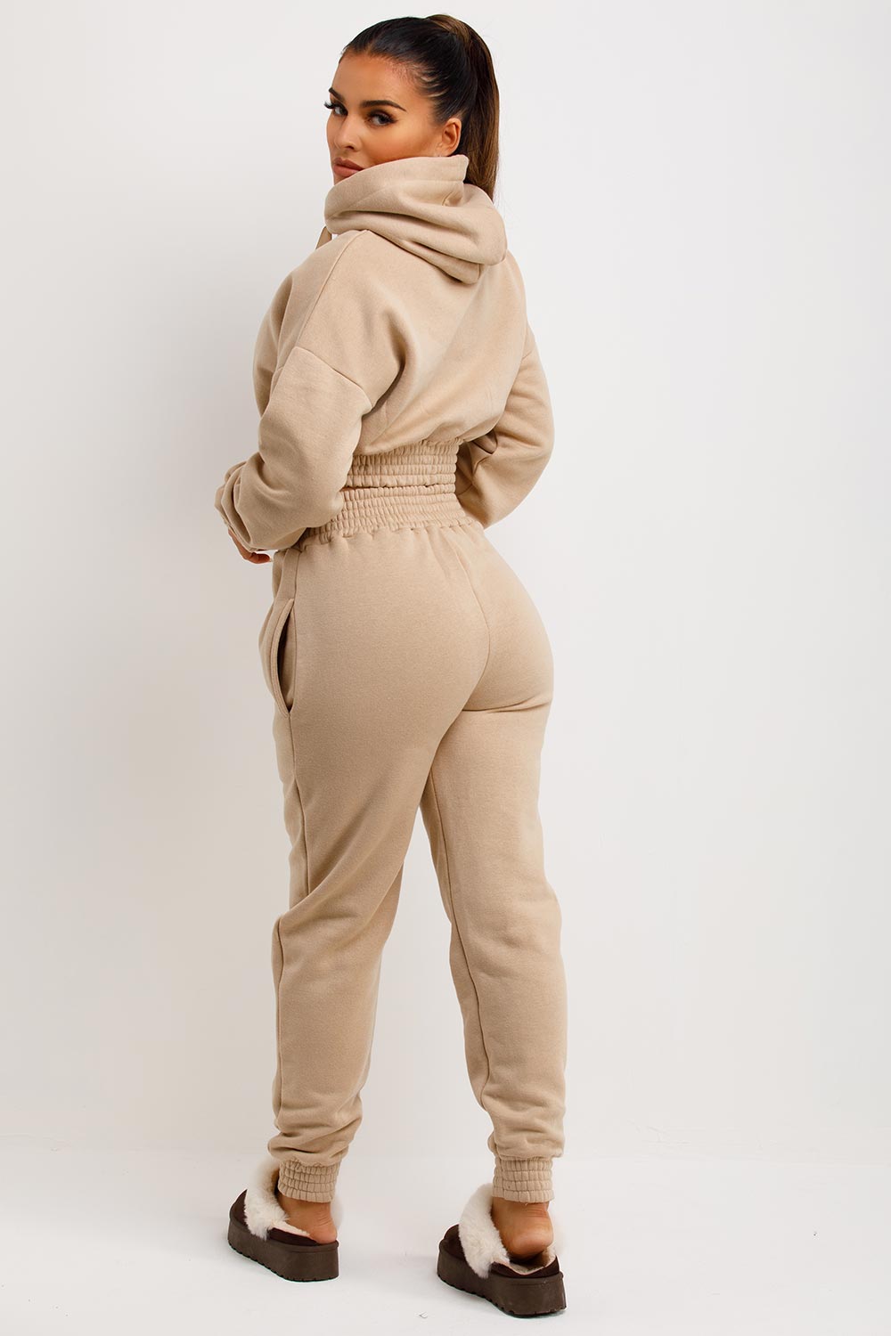 womens crop tracksuit beige