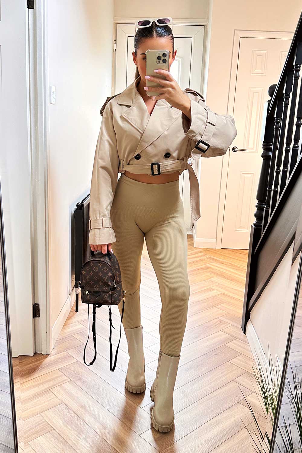 beige crop trench coat with belt womens