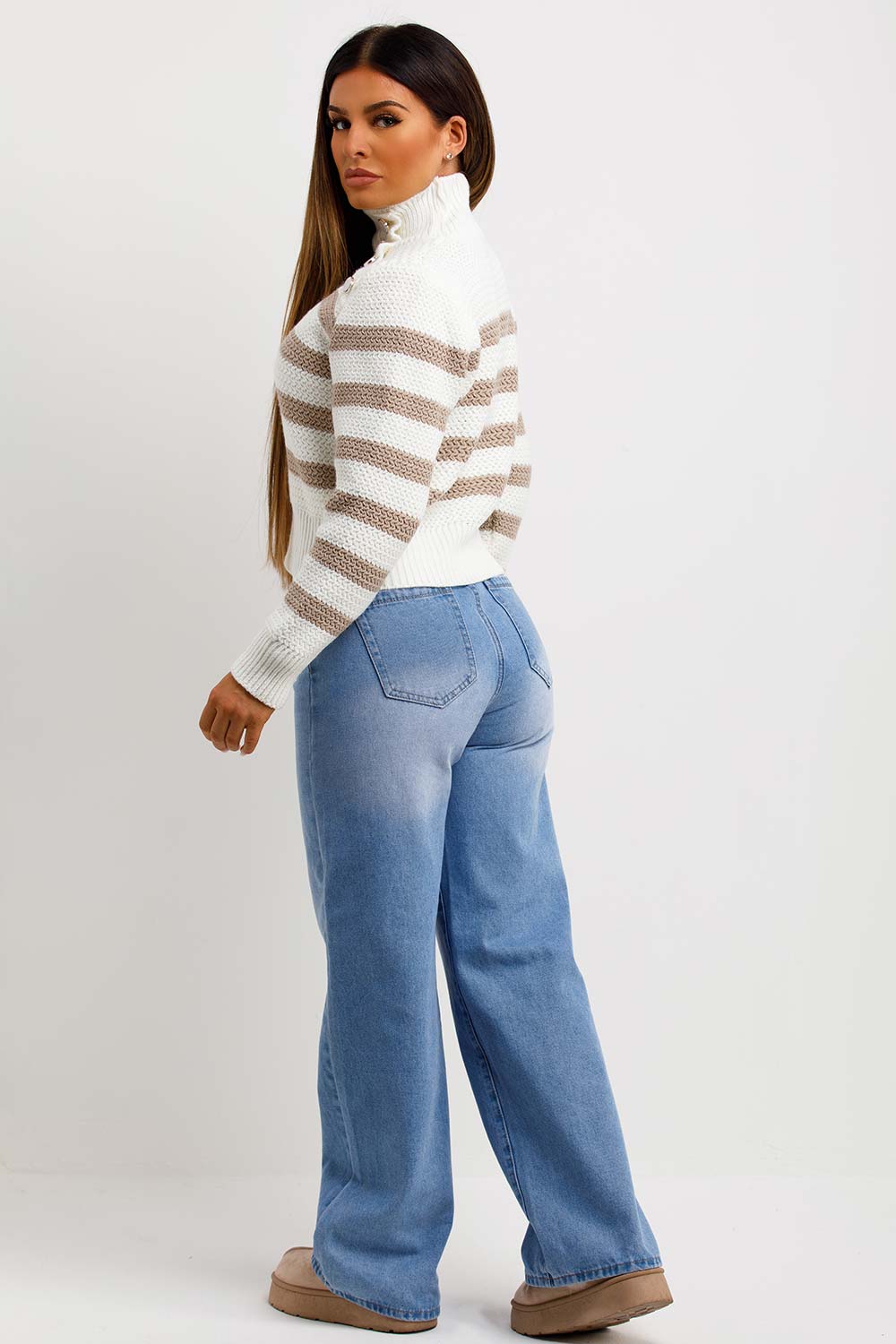 knitted turtle neck jumper with stripes and button detail womens