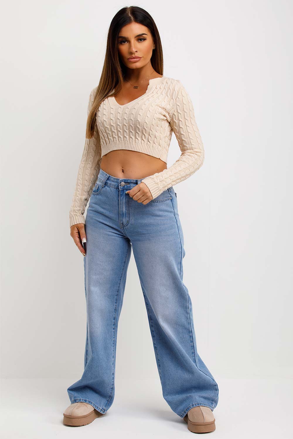 womens crop knitted jumper with v neck