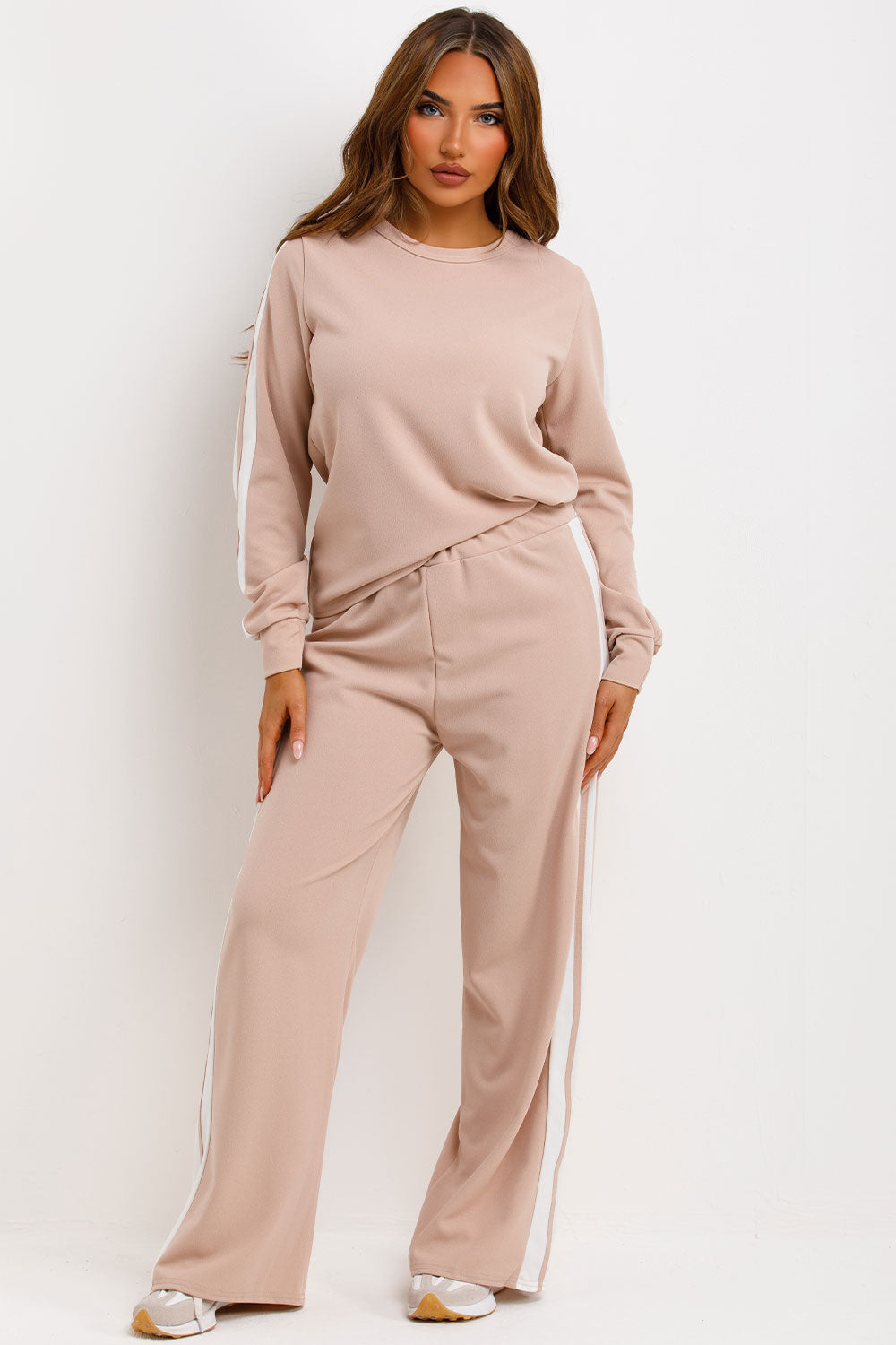 long sleeve top and wide leg trousers two piece loungewear set with side stripe womens tracksuit co ord