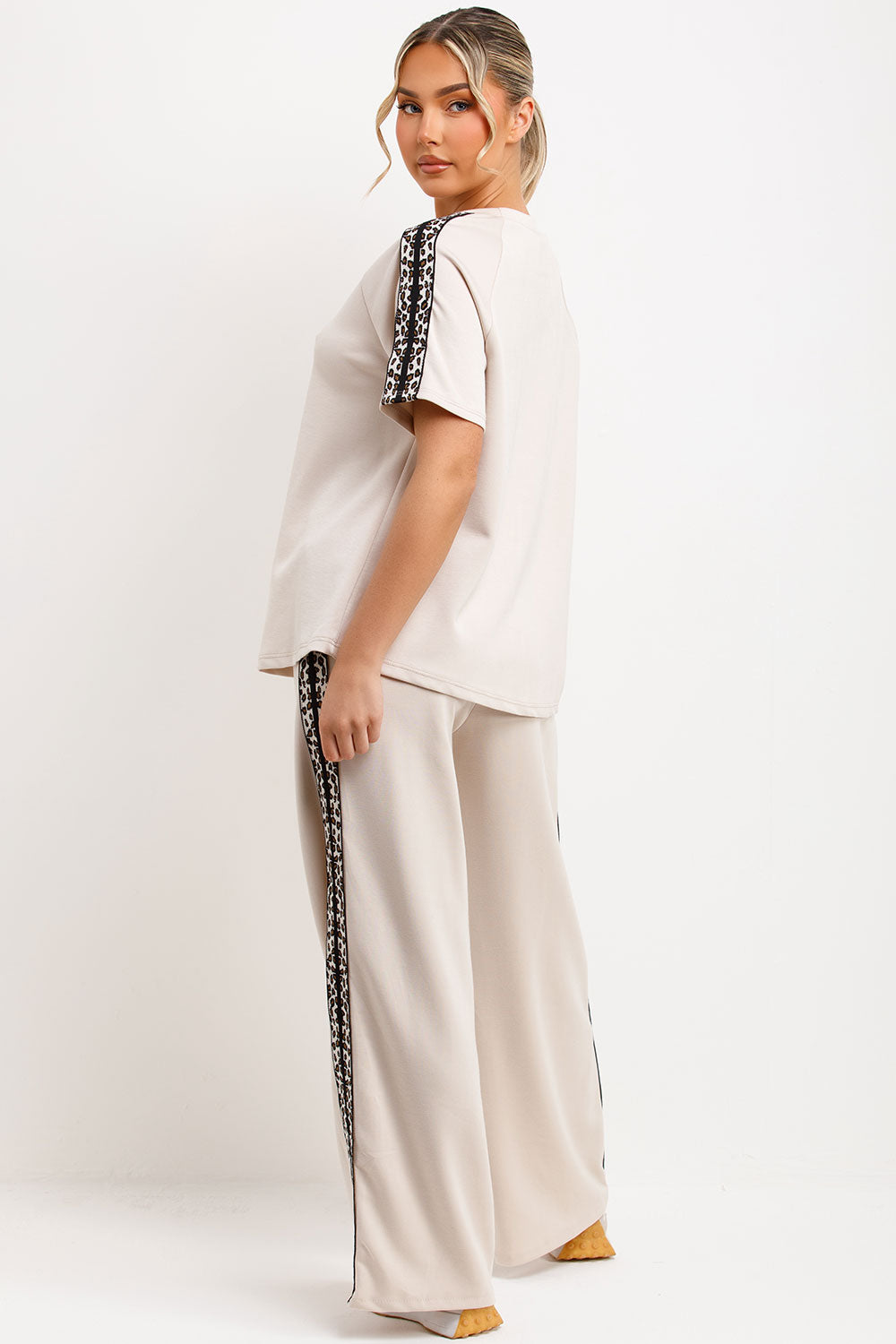 leopard print stripe wide leg trousers and top two piece loungewear co ord set styledup