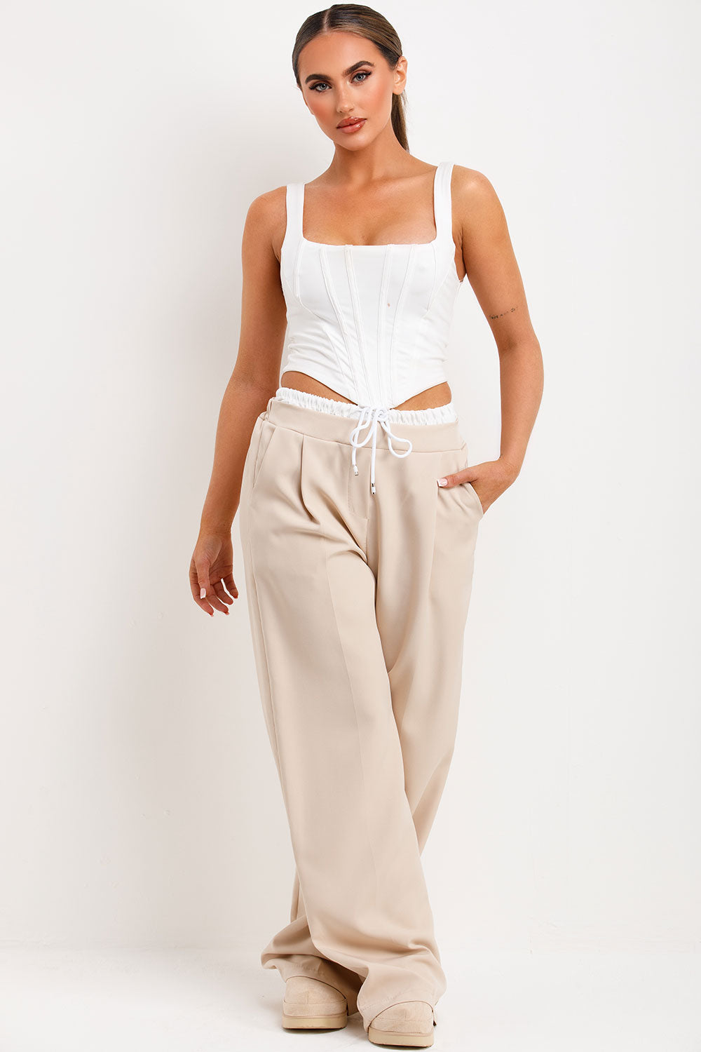 boxer detail drawstring waist wide leg trousers womens