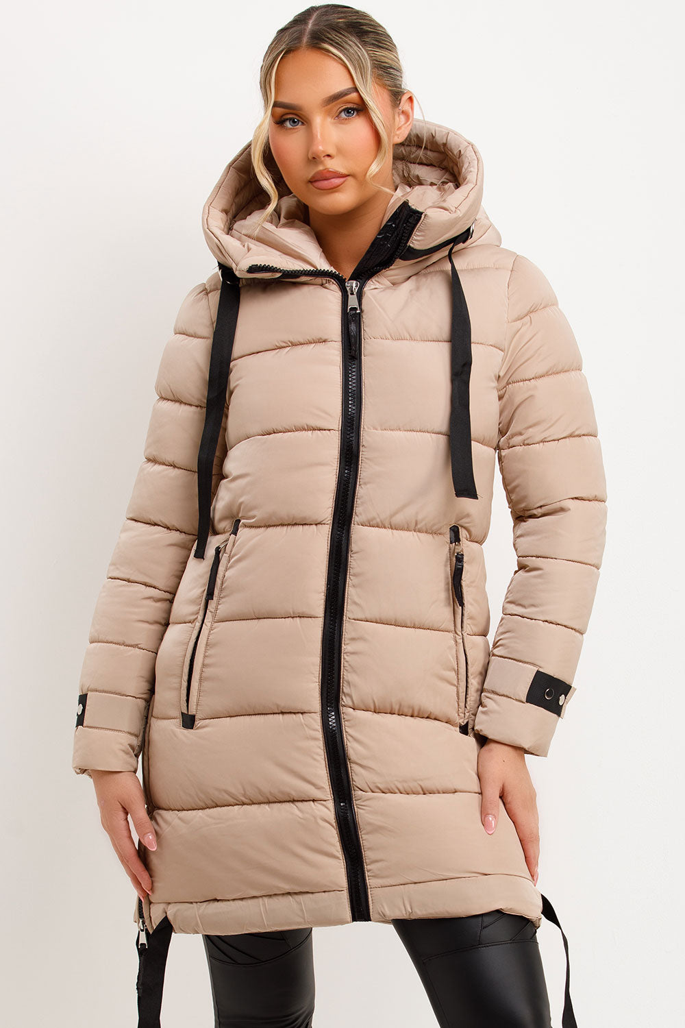 womens long padded puffer coat with hood for winter