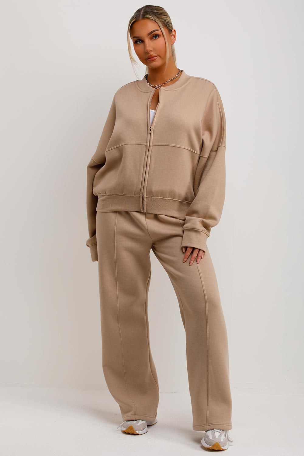 womens bomber sweatshirt with zip drop shoulder and straight leg joggers two piece loungewear ser