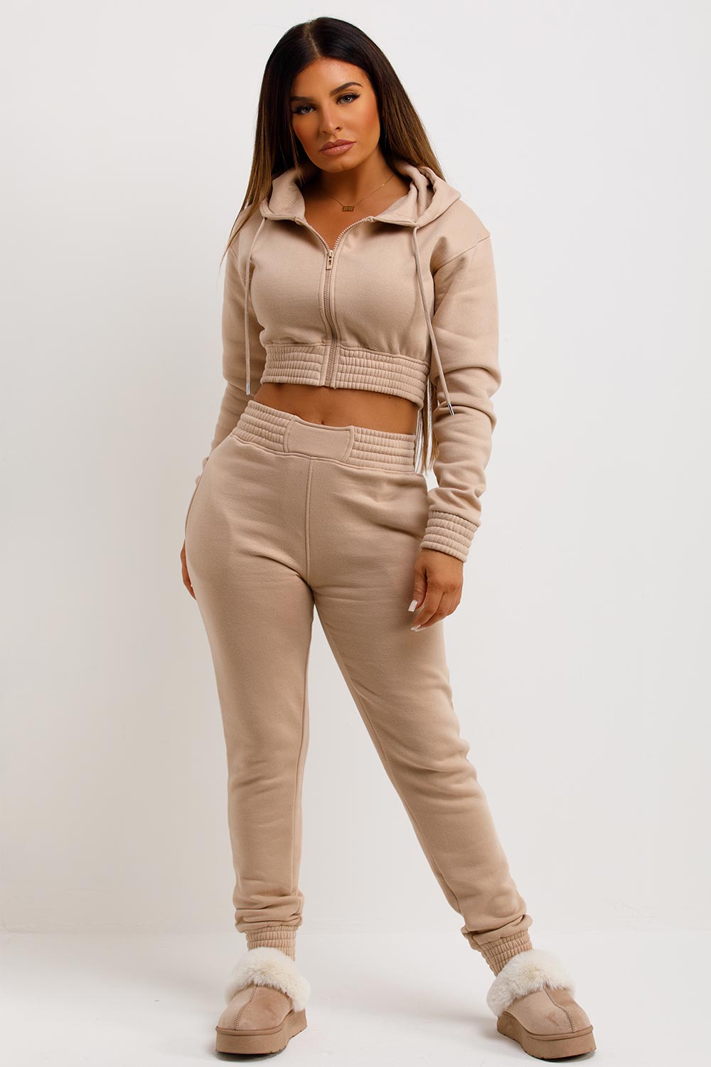 womens zip front crop tracksuit beige