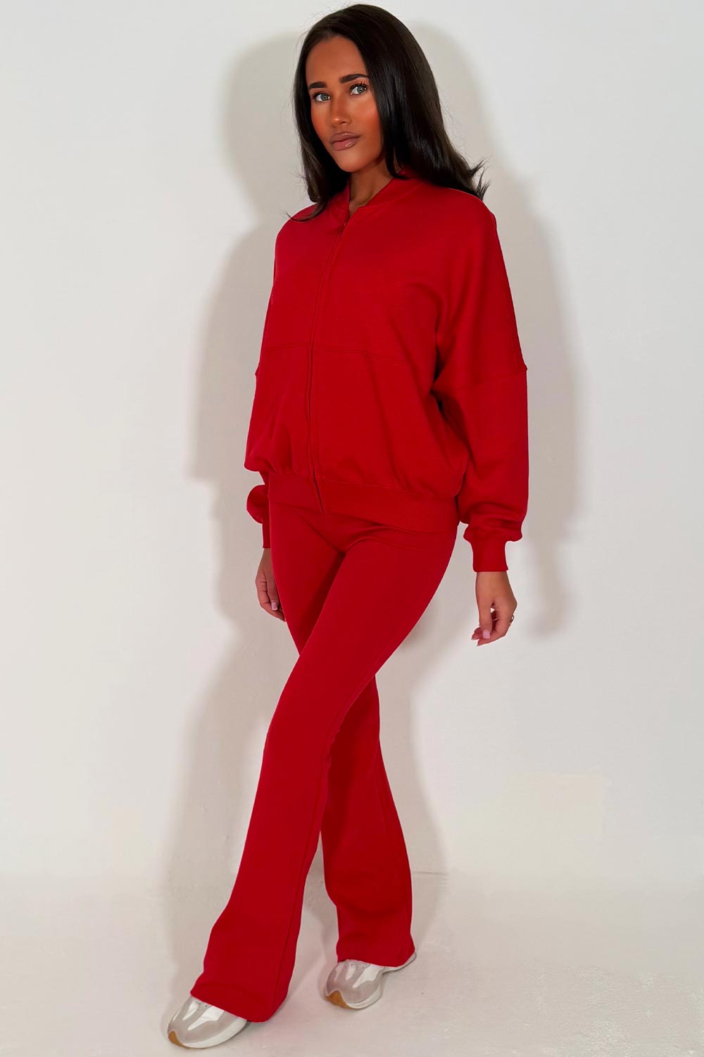 zara womens bomber sweatshirt and flare leg trouser two piece loungewear set red tracksuit styledup