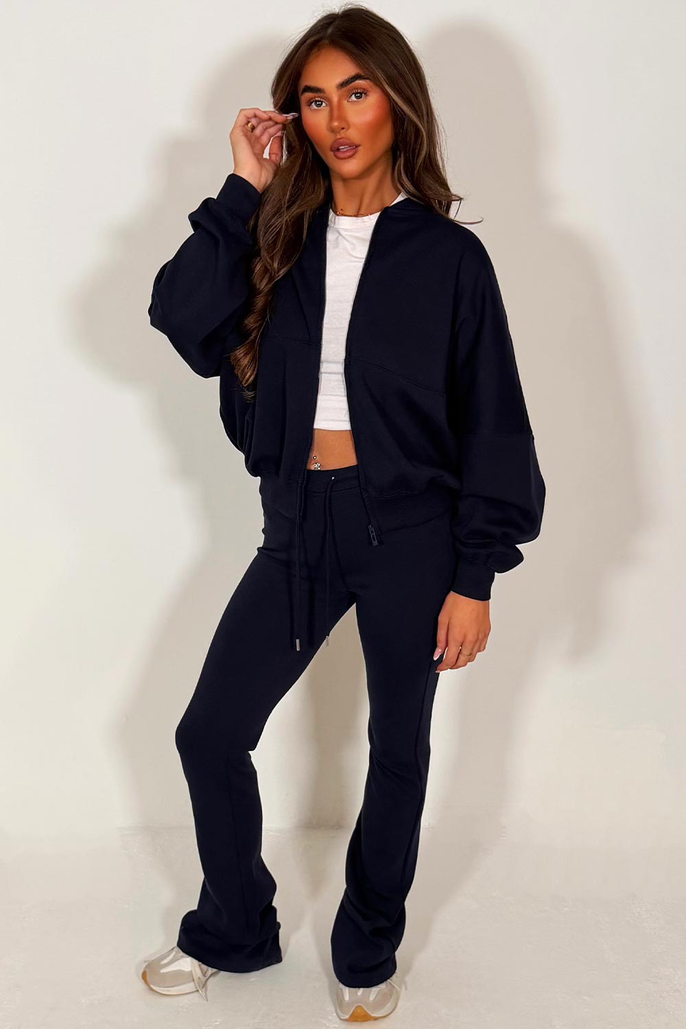 bomber sweatshirt and flare leg trouser tracksuit set navy