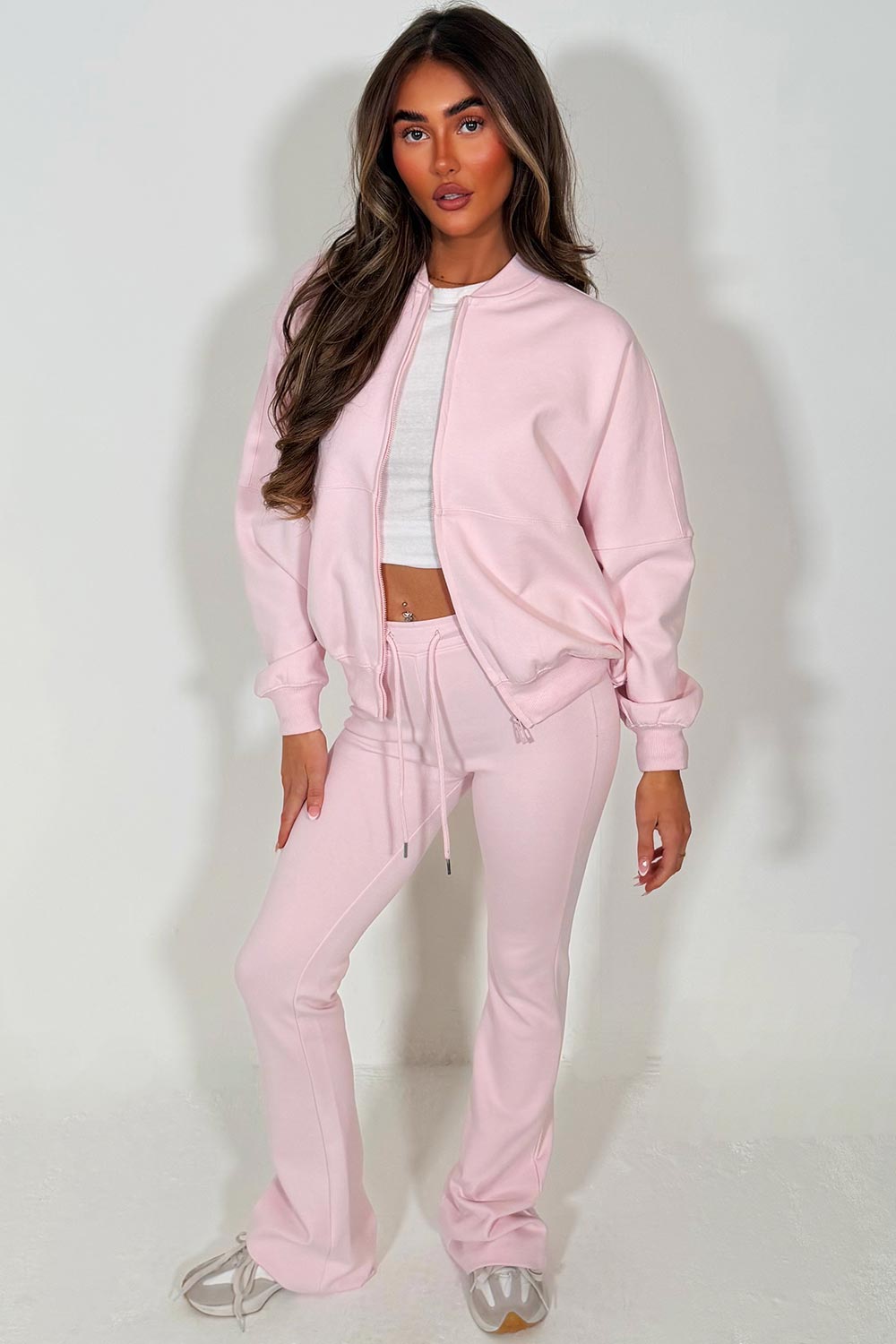 bomber sweatshirt and flare leg trouser tracksuit set pink