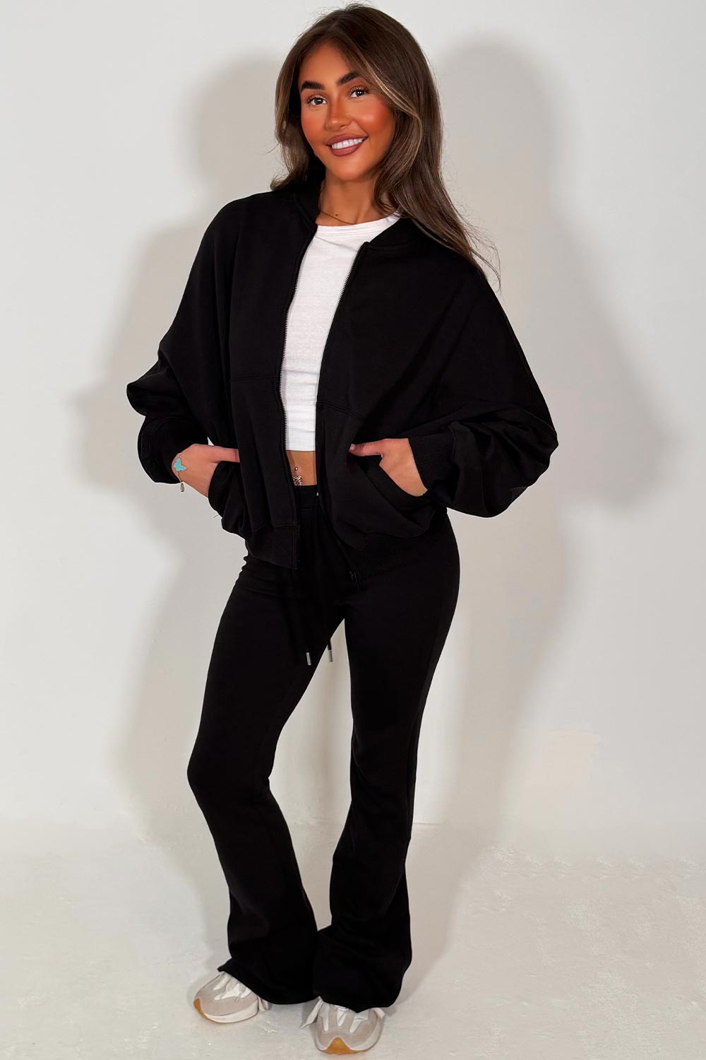 bell bottom flare trouser and bomber sweatshirt with zip tracksuit black styledup womens