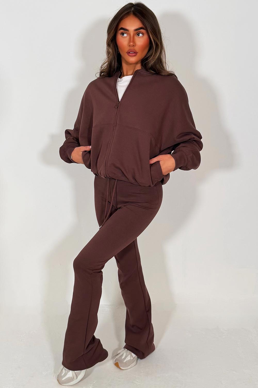 zara womens bell bottom trousers and bomber sweatshirt two piece loungewear set sale