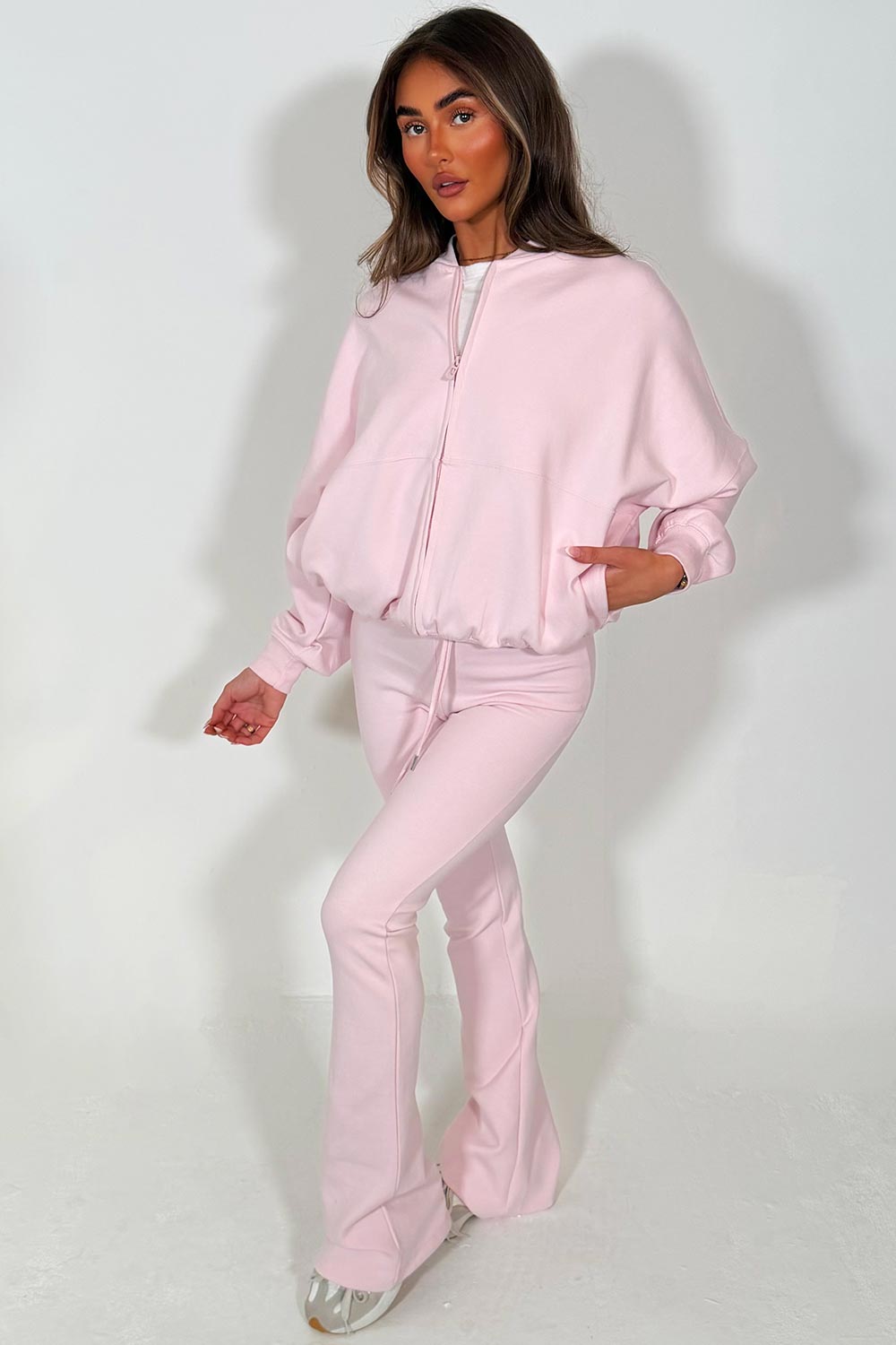 zara womens bell bottom trousers and bomber sweatshirt two piece loungewear set sale