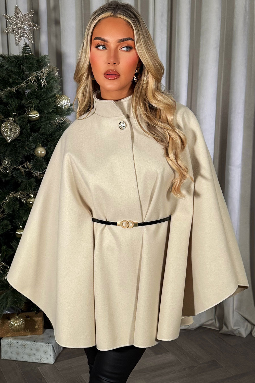 cape with belt and button fastening christmas day outfit