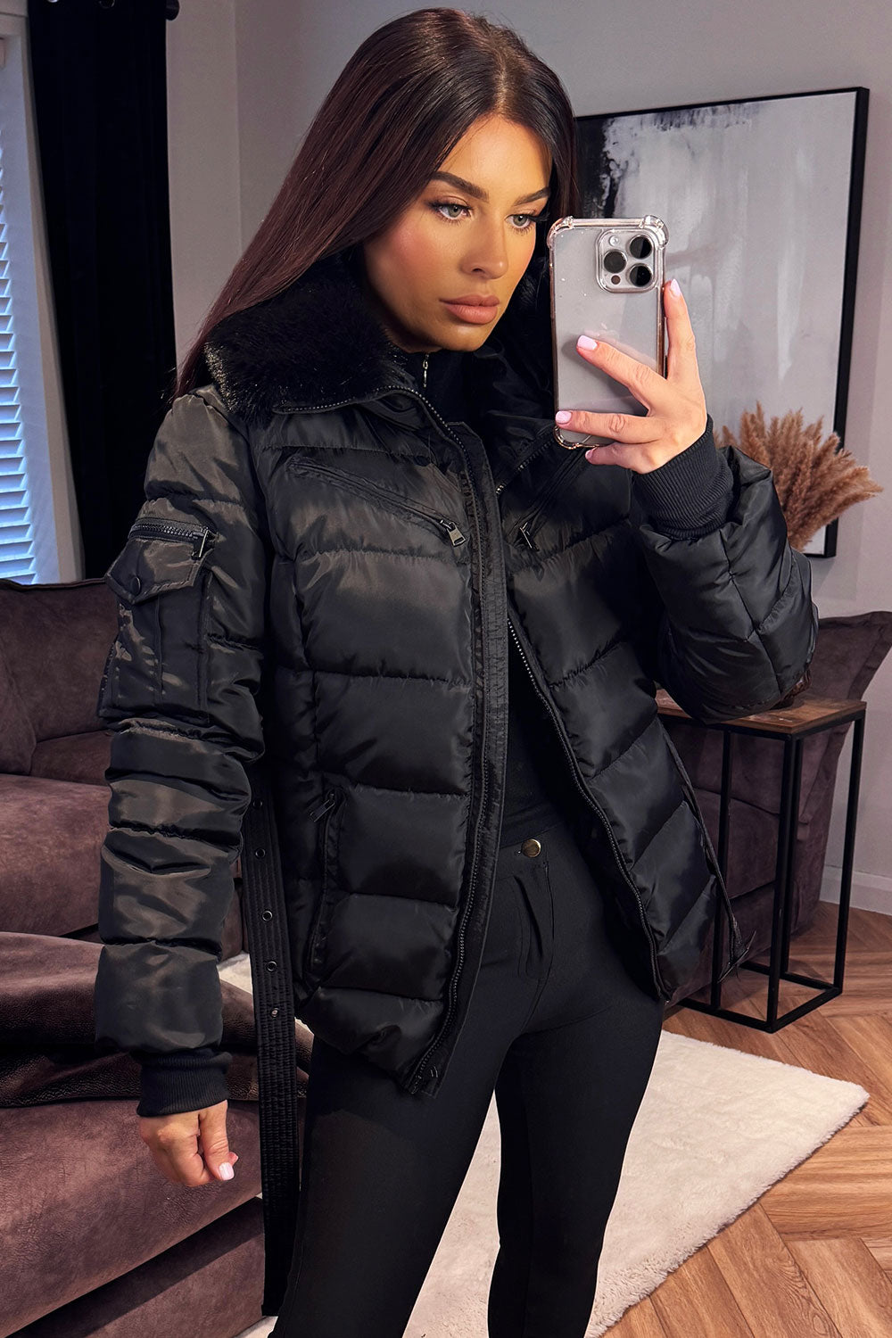 faux fur hood padded puffer jacket