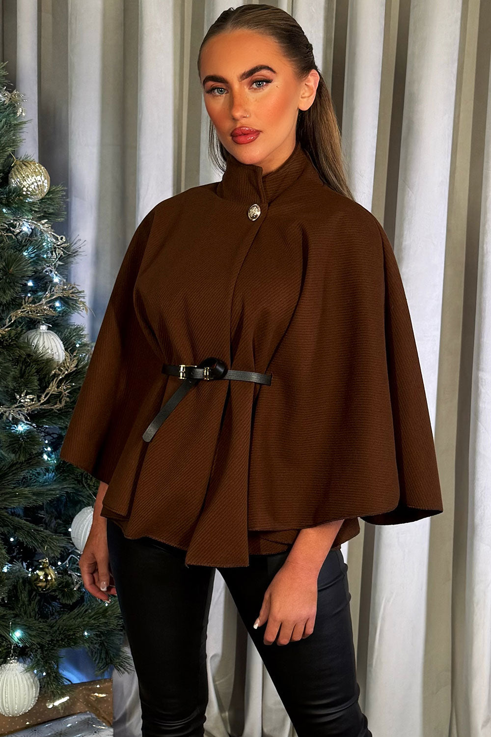womens cape with belt black styledup