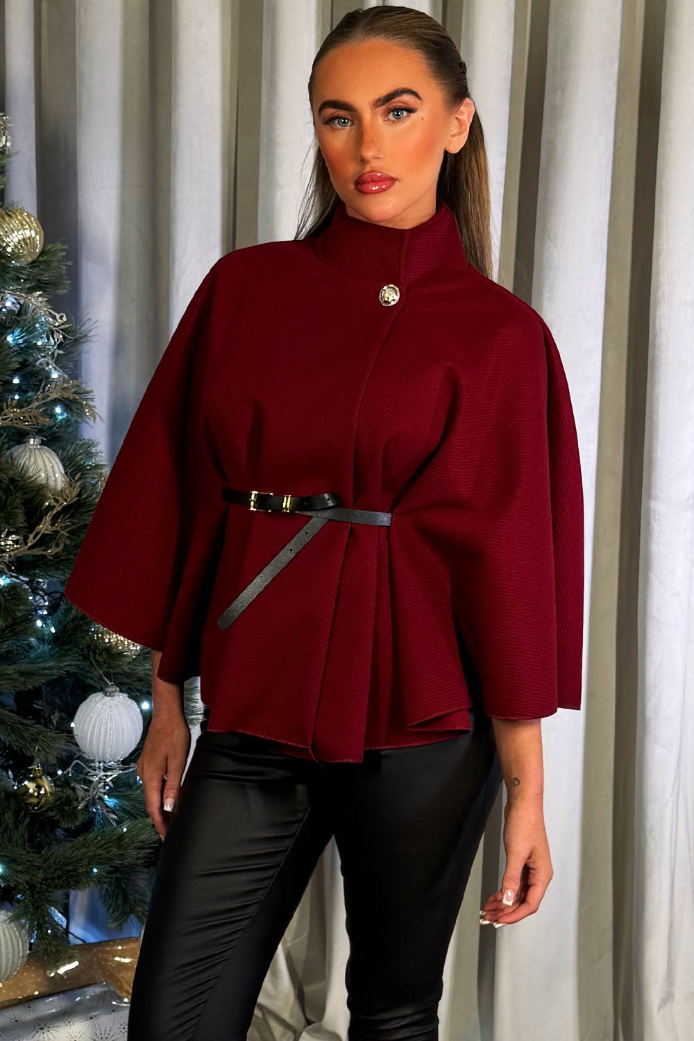 womens cape with belt black styledup
