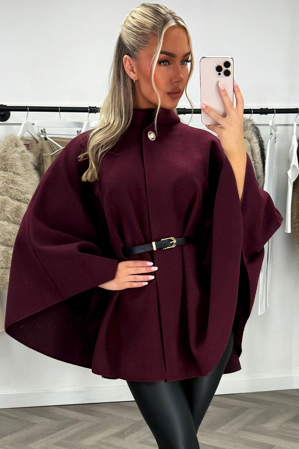 oversized cape with belt and button fastening styledup