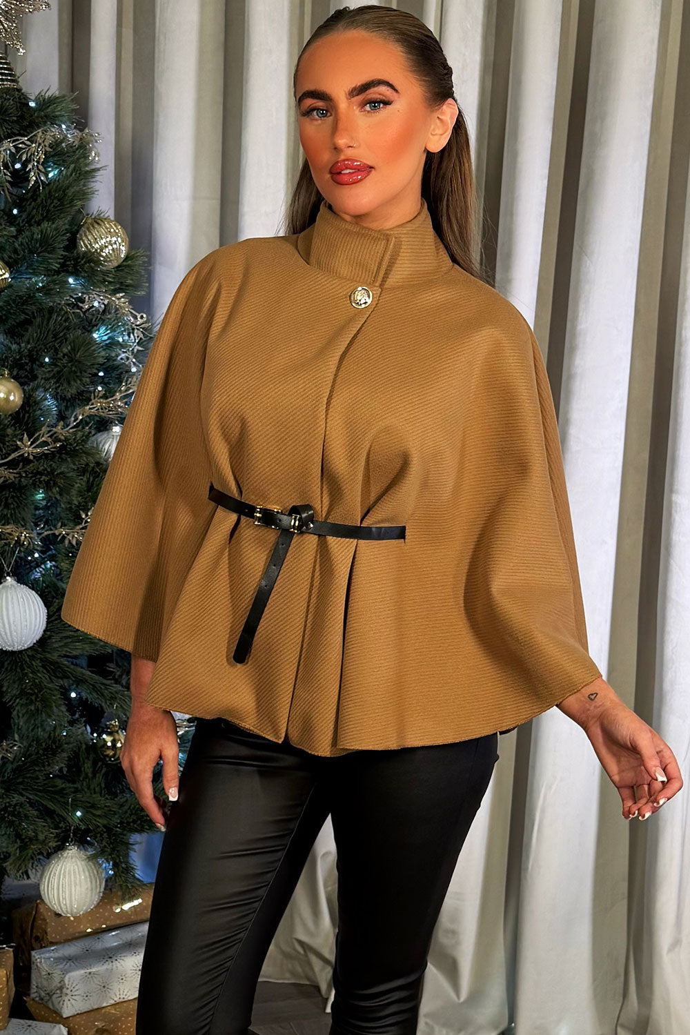 womens cape with belt black styledup