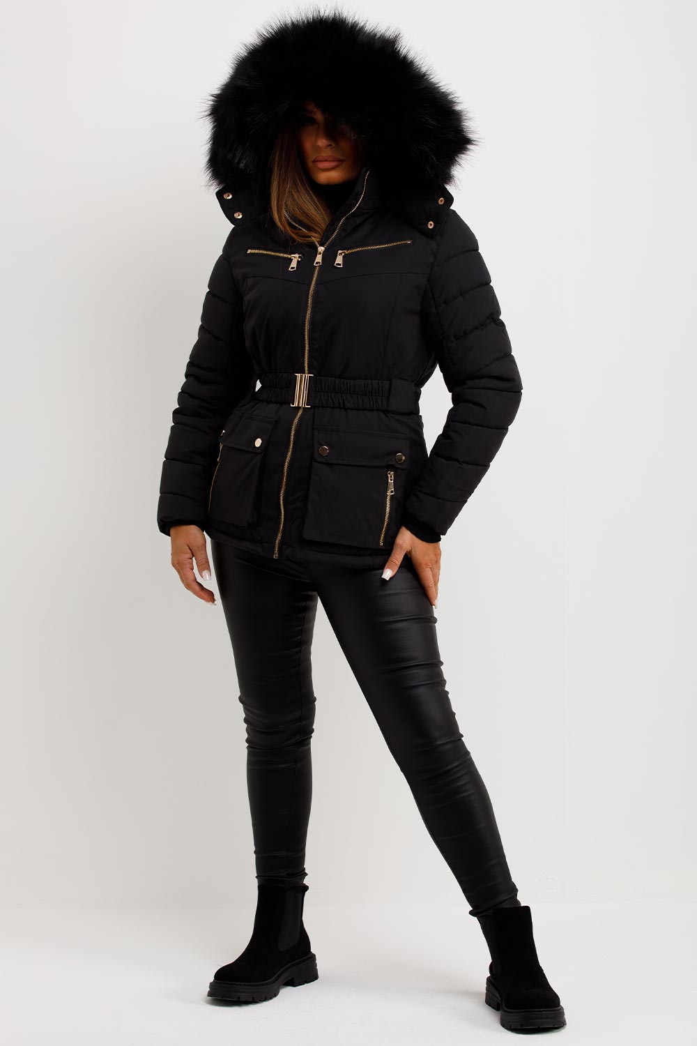 womens puffer padded coat with fur hood and belt
