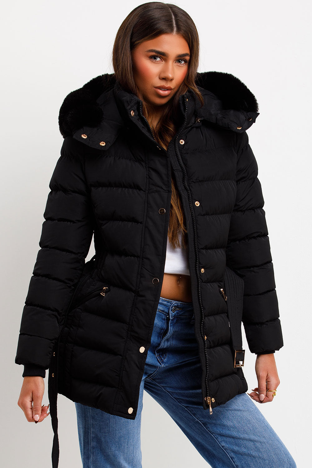 warm winter coat with faux fur hood and belt styledup