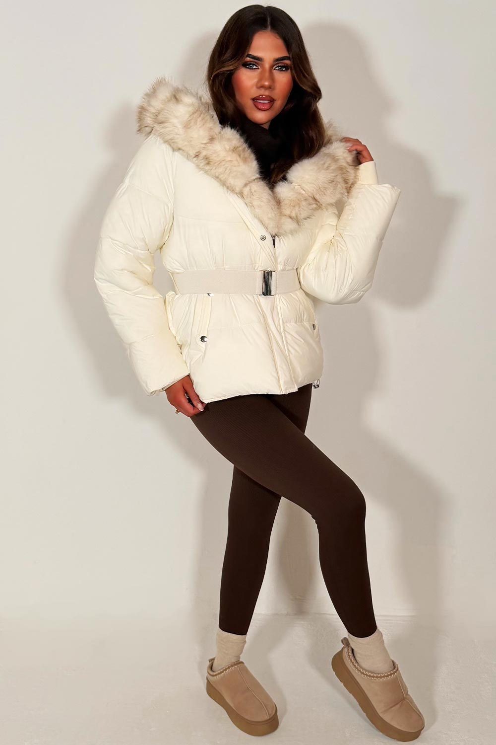 big faux fur hood puffer padded winter jacket with belt for womens
