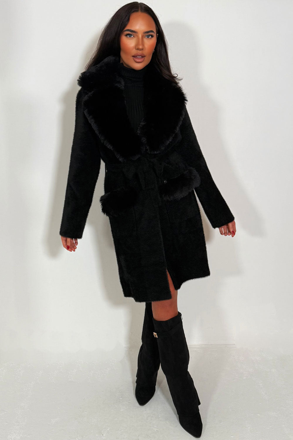 faux fur cuff faux fur collar long belted coat styledup