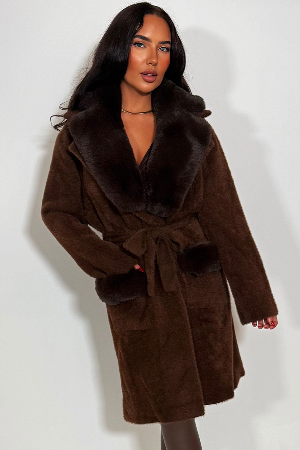 faux fur cuff faux fur collar long belted coat styledup