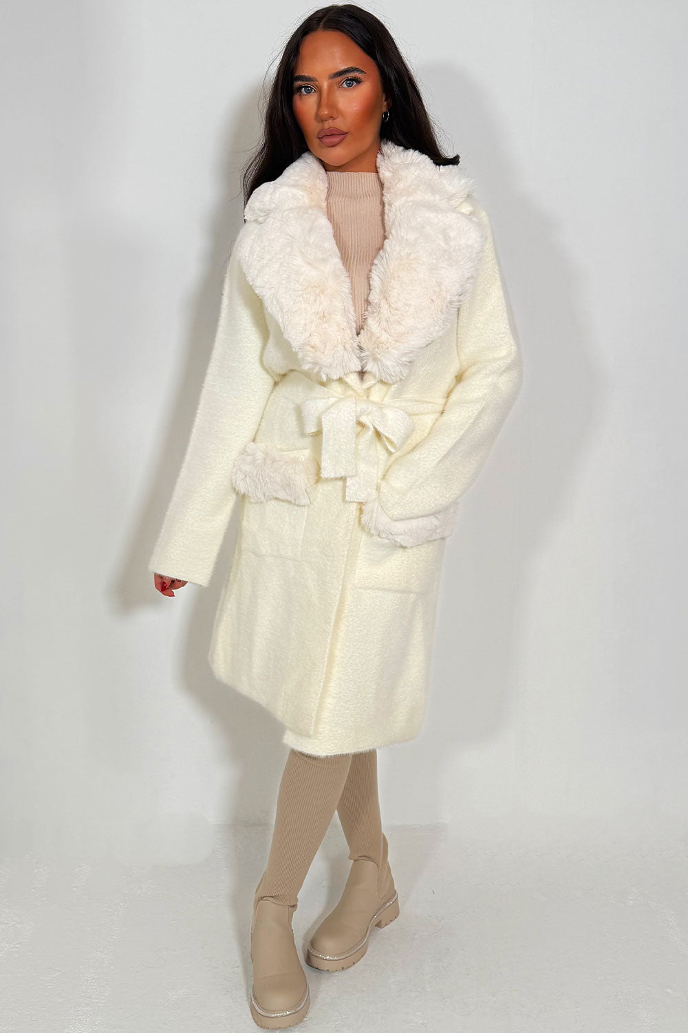 faux fur collar faux fur cuff long belted coat styledup