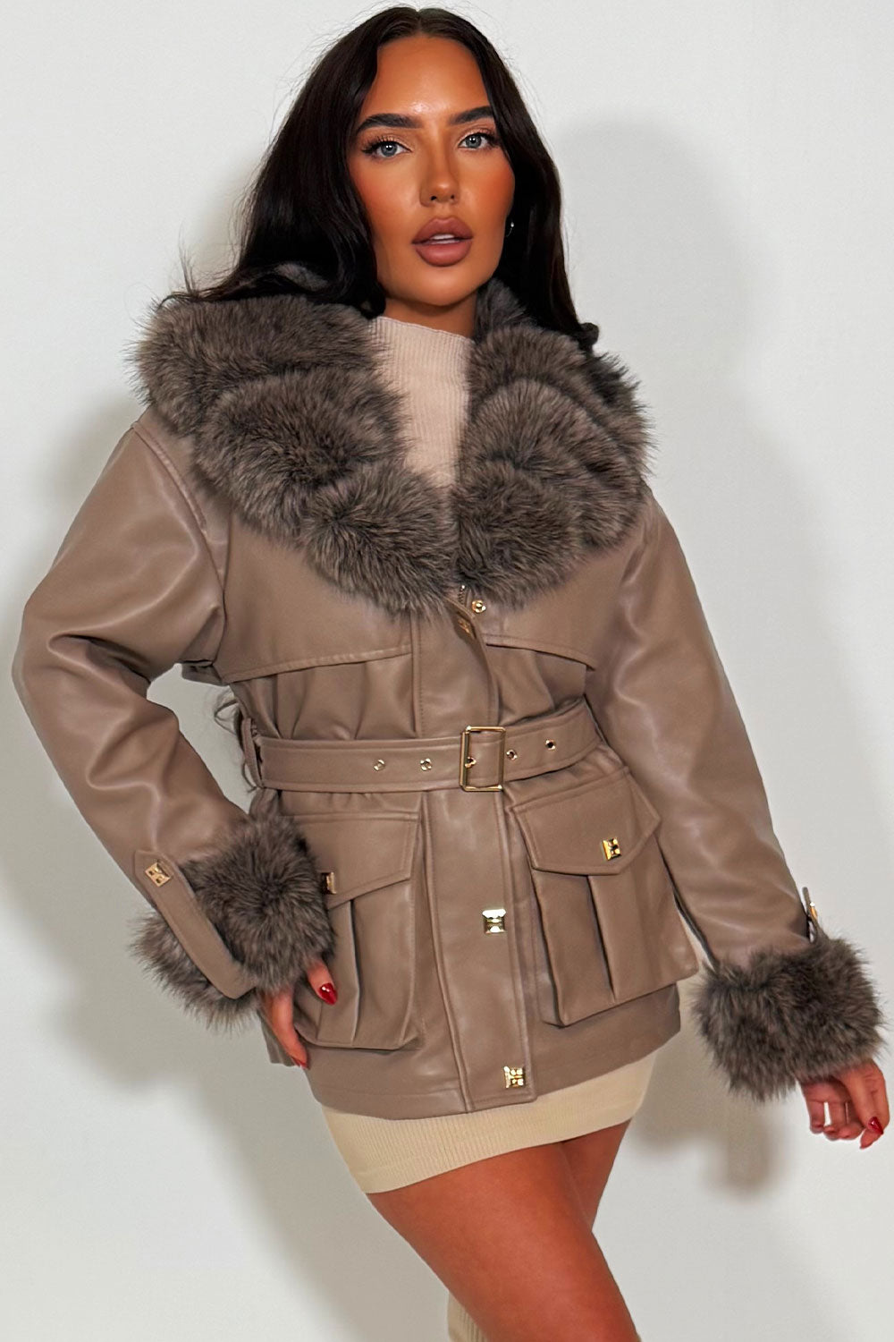 womens faux fur cuff collar faux leather winter jacket with belt styledup outerwear uk