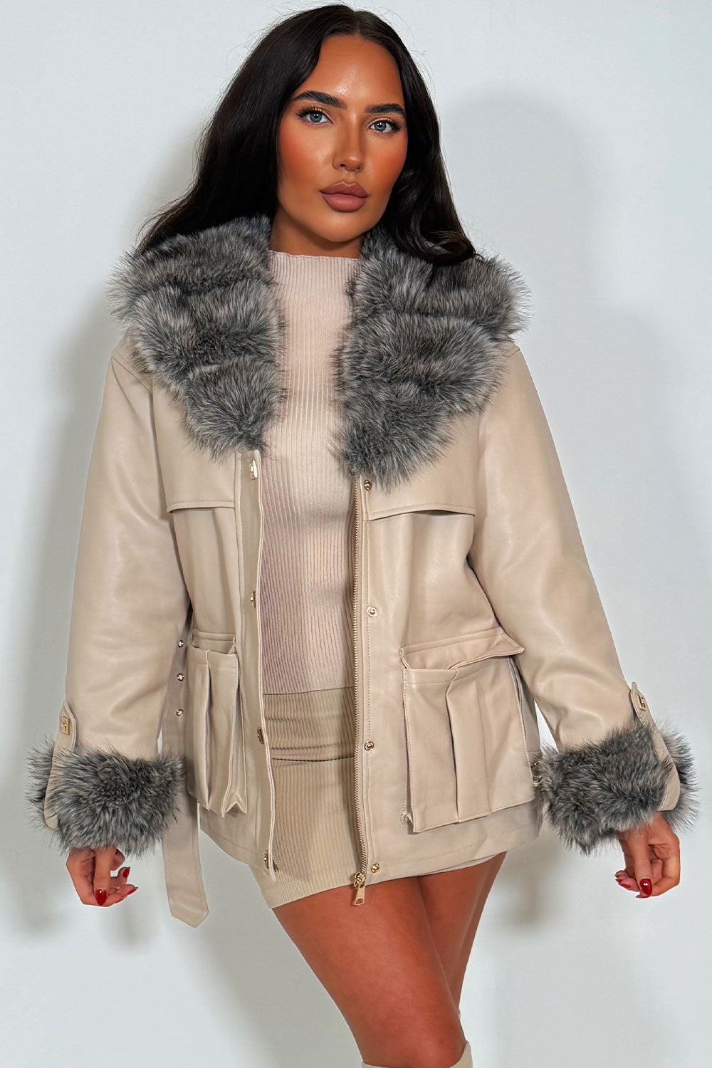 womens faux fur cuff collar faux leather winter jacket with belt styledup outerwear uk