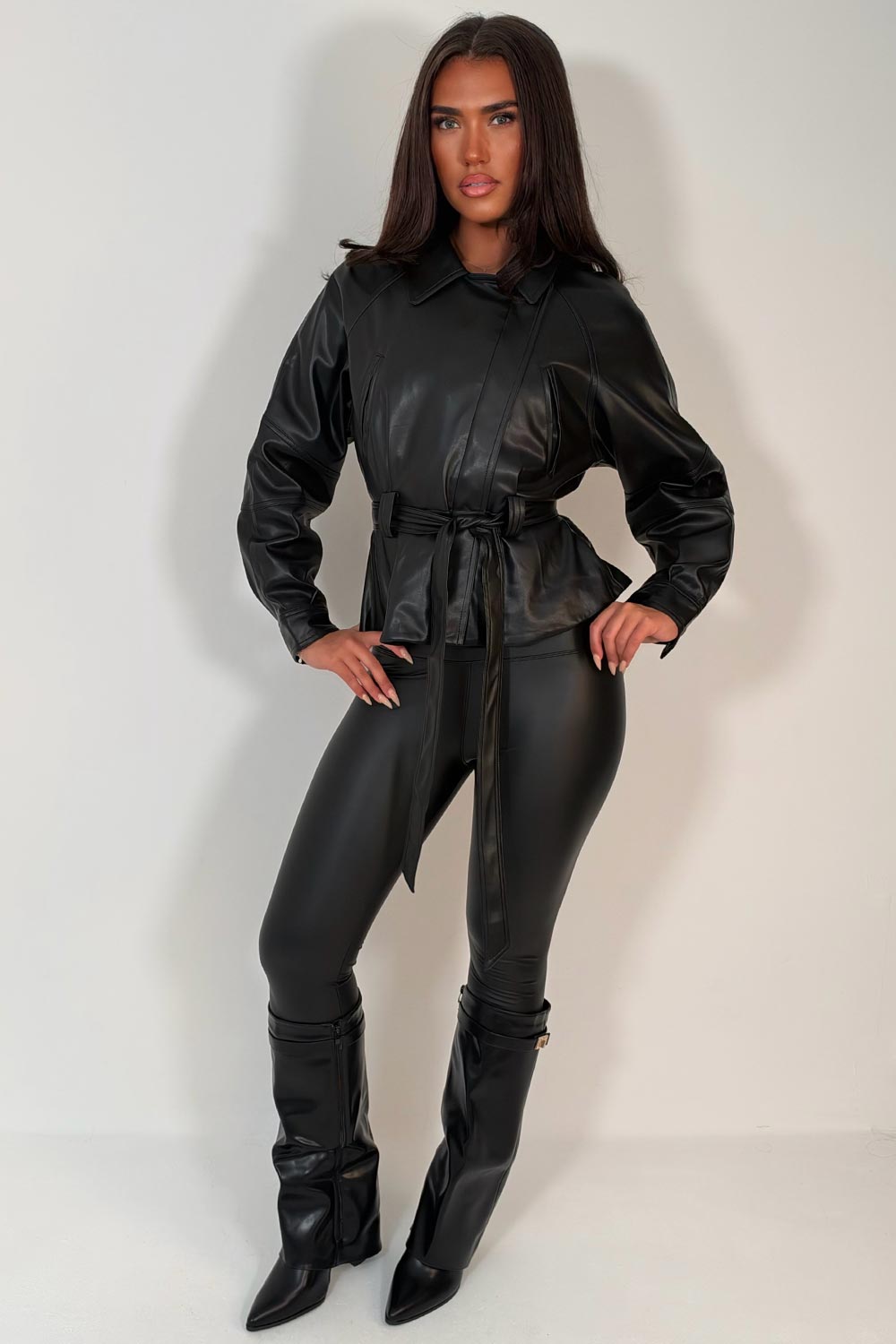 lapel collar faux leather winter jacket for womens with belt styledup uk