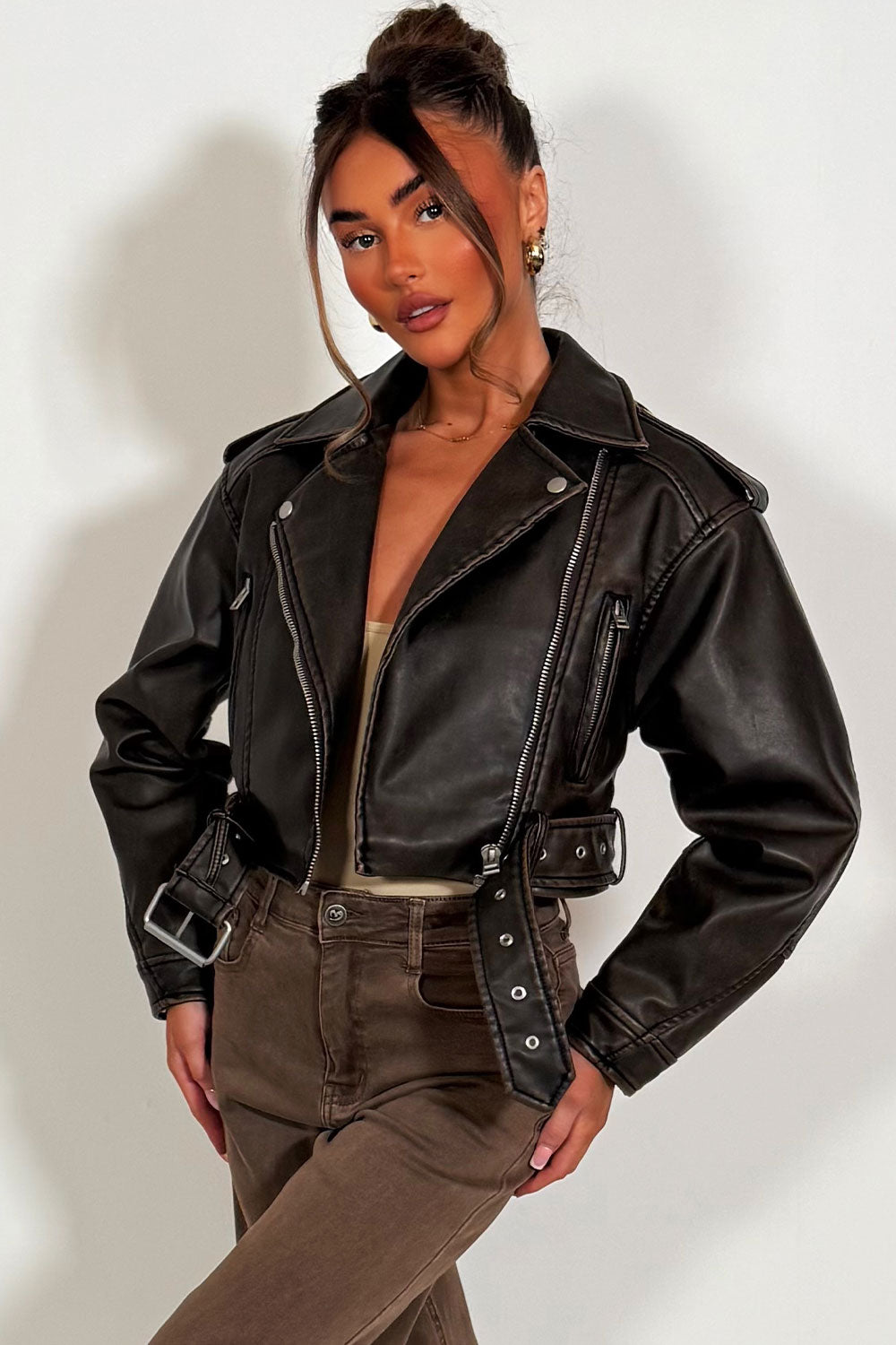 womens zara faux leather jacket with belt