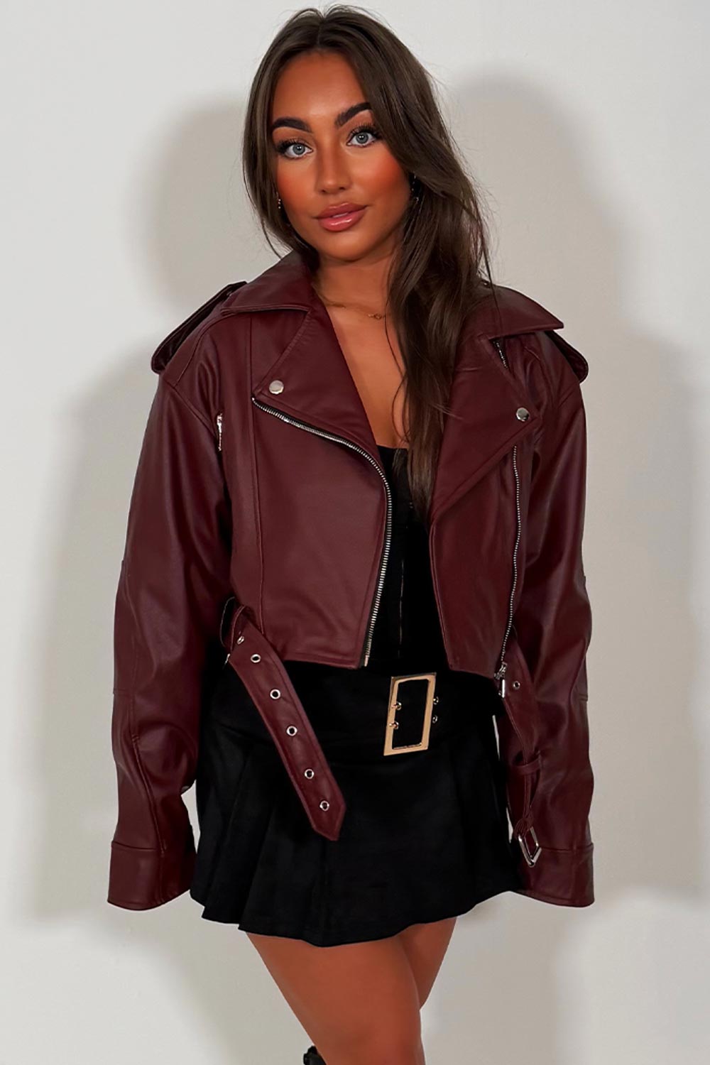 womens zara faux leather jacket in burgundy colour