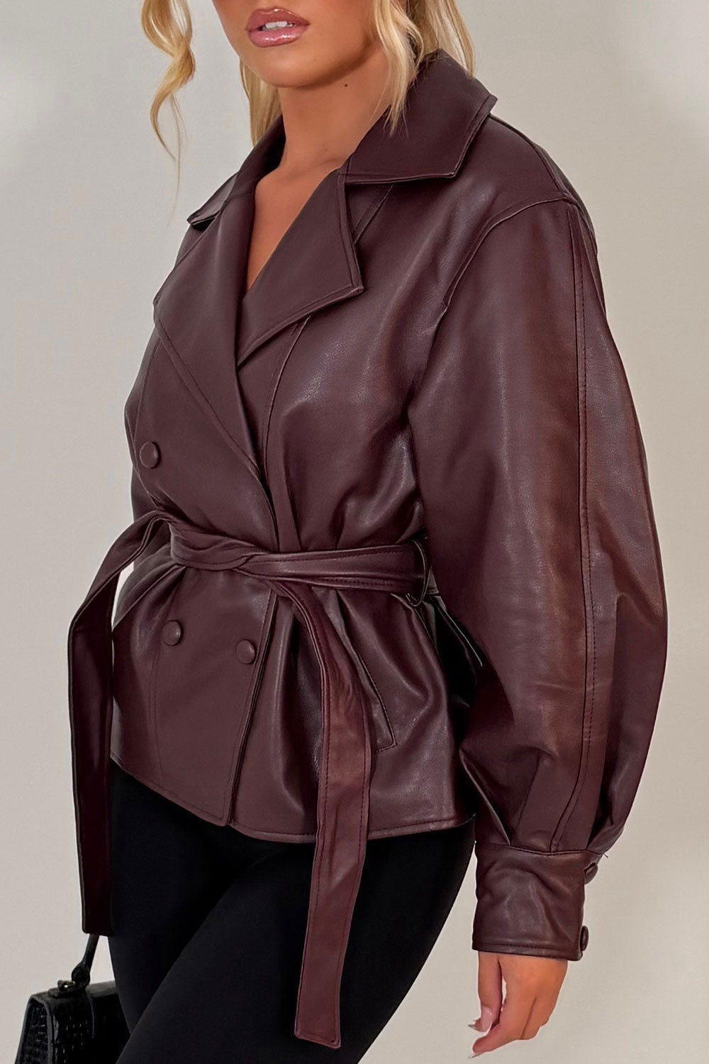 double breasted belted faux leather jacket with long sleeves womens zara uk