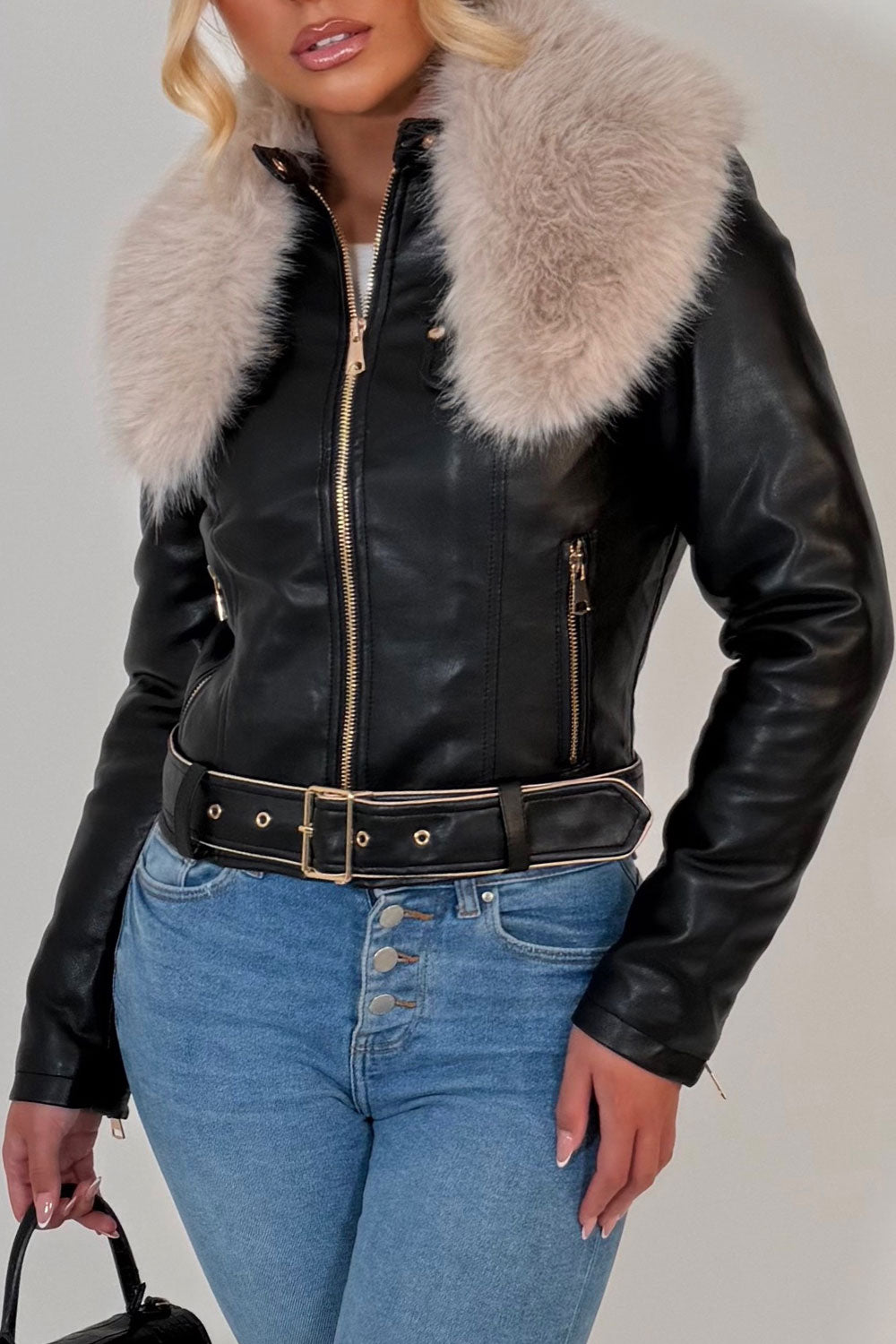 womens faux fur faux leather jacket with belt black styledup