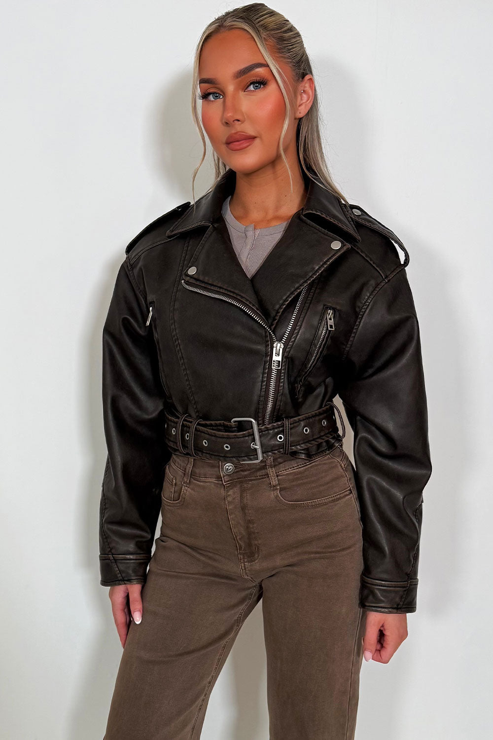 zara womens faux leather jacket with collar and belt styledup