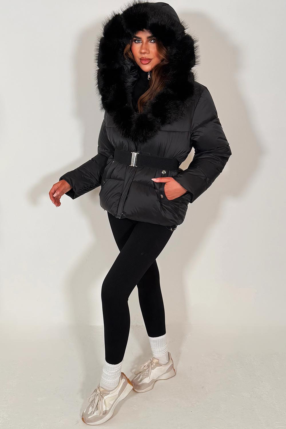 womens fur hood padded puffer jacket with waist belt styledup