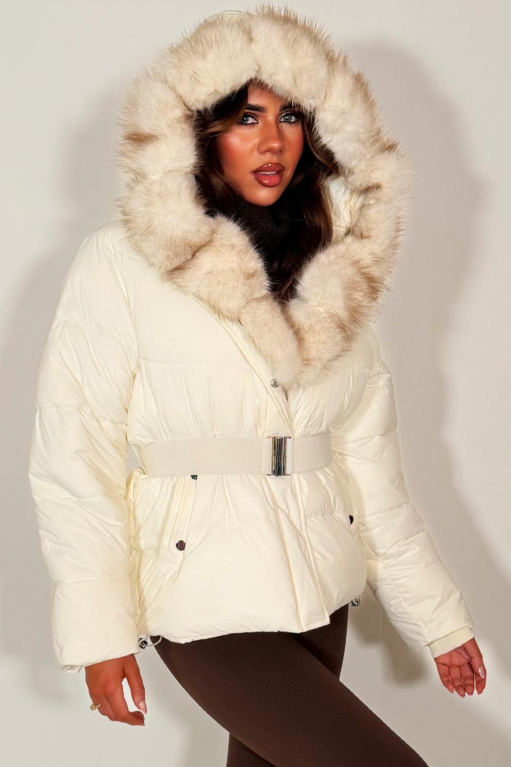 womens fur hood puffer jacket with waist belt styledup