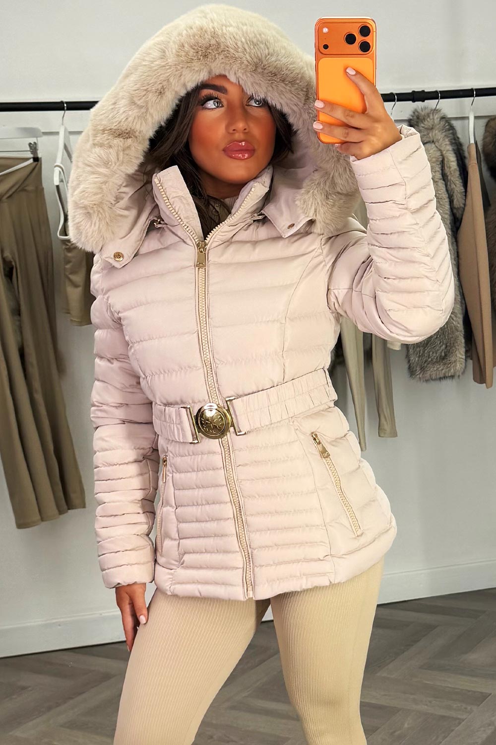 womens winter coat with fur hood and belt styledup