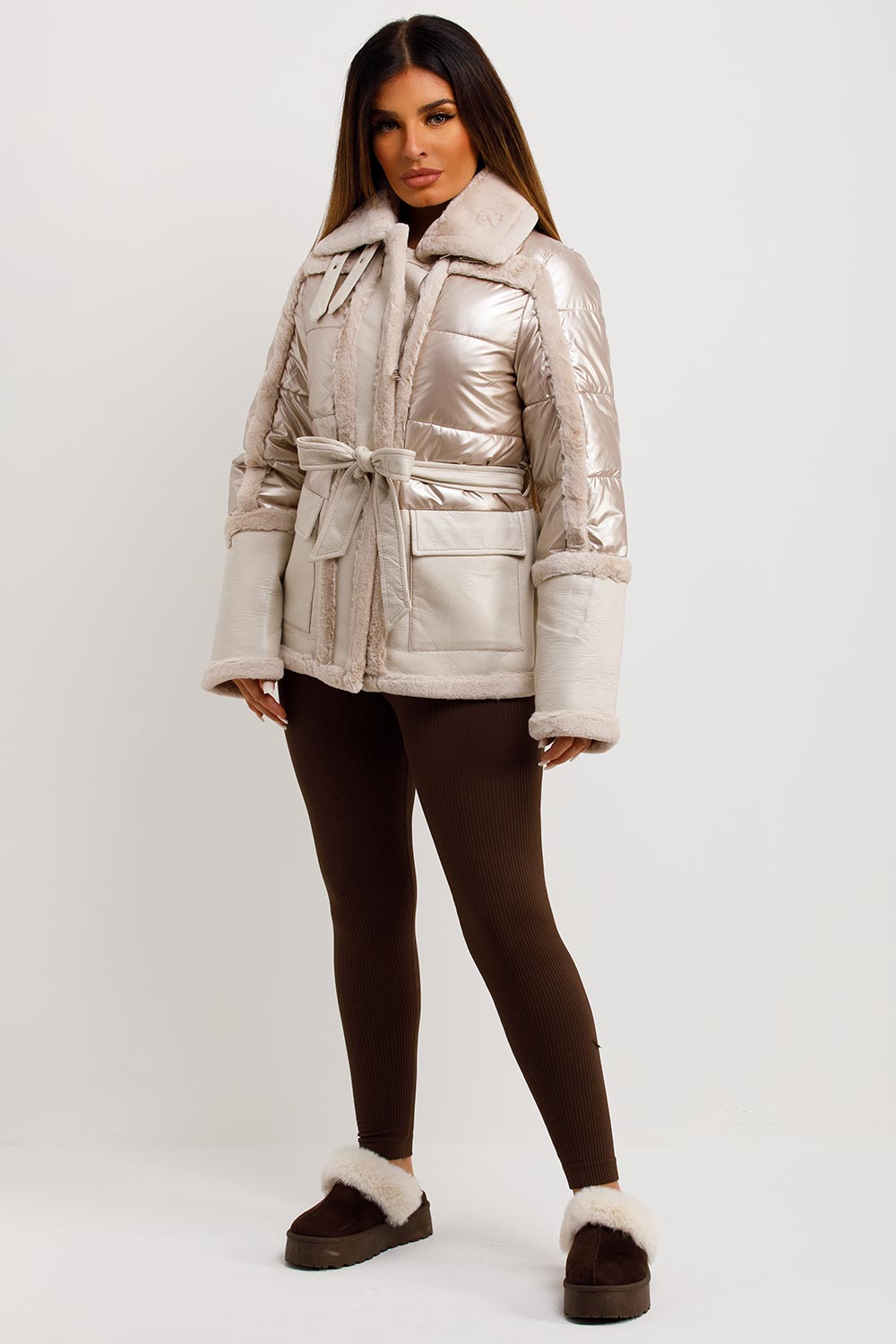 womens faux fur faux suede shiny padded jacket uk