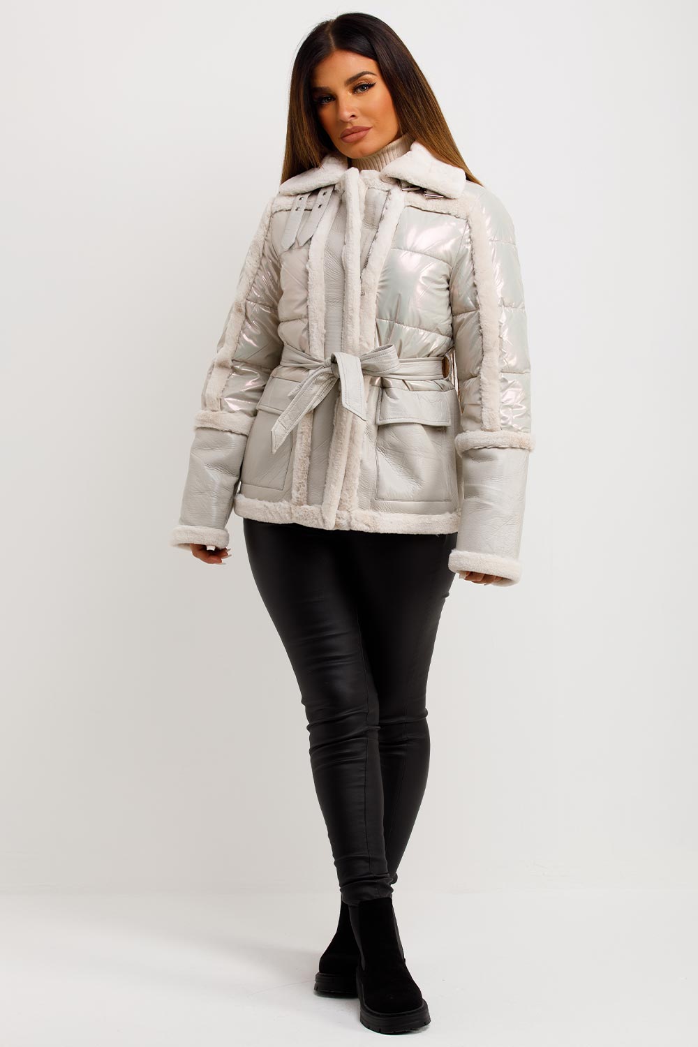 womens shiny faux fur faux suede padded puffer jacket with belt