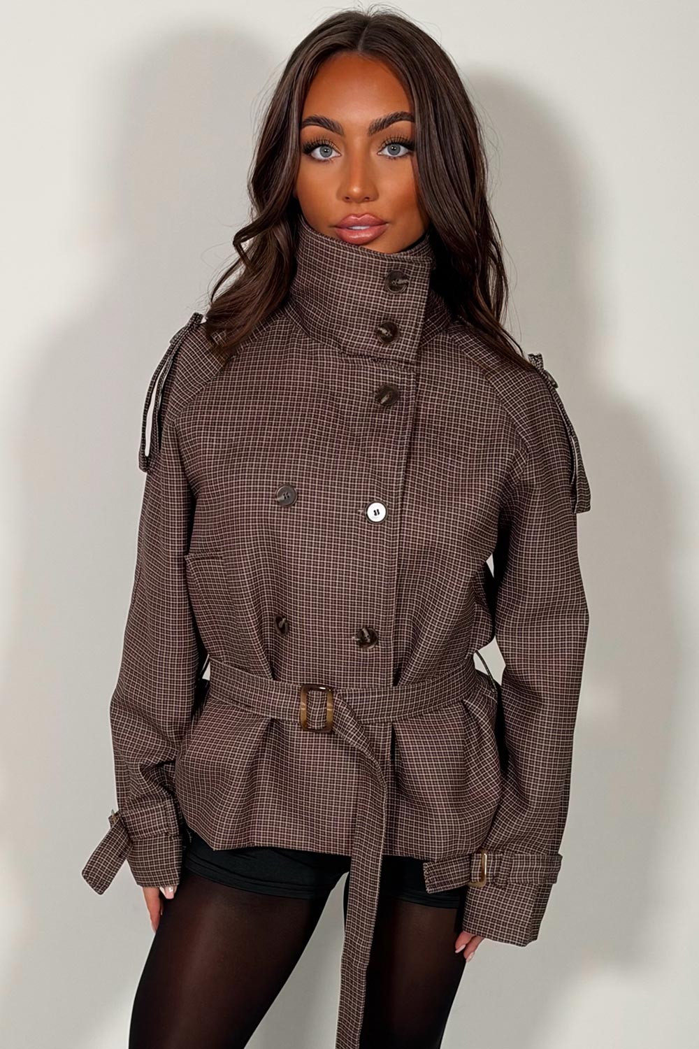 brown check belted crop trench jacket with high funnel neck styledup uk
