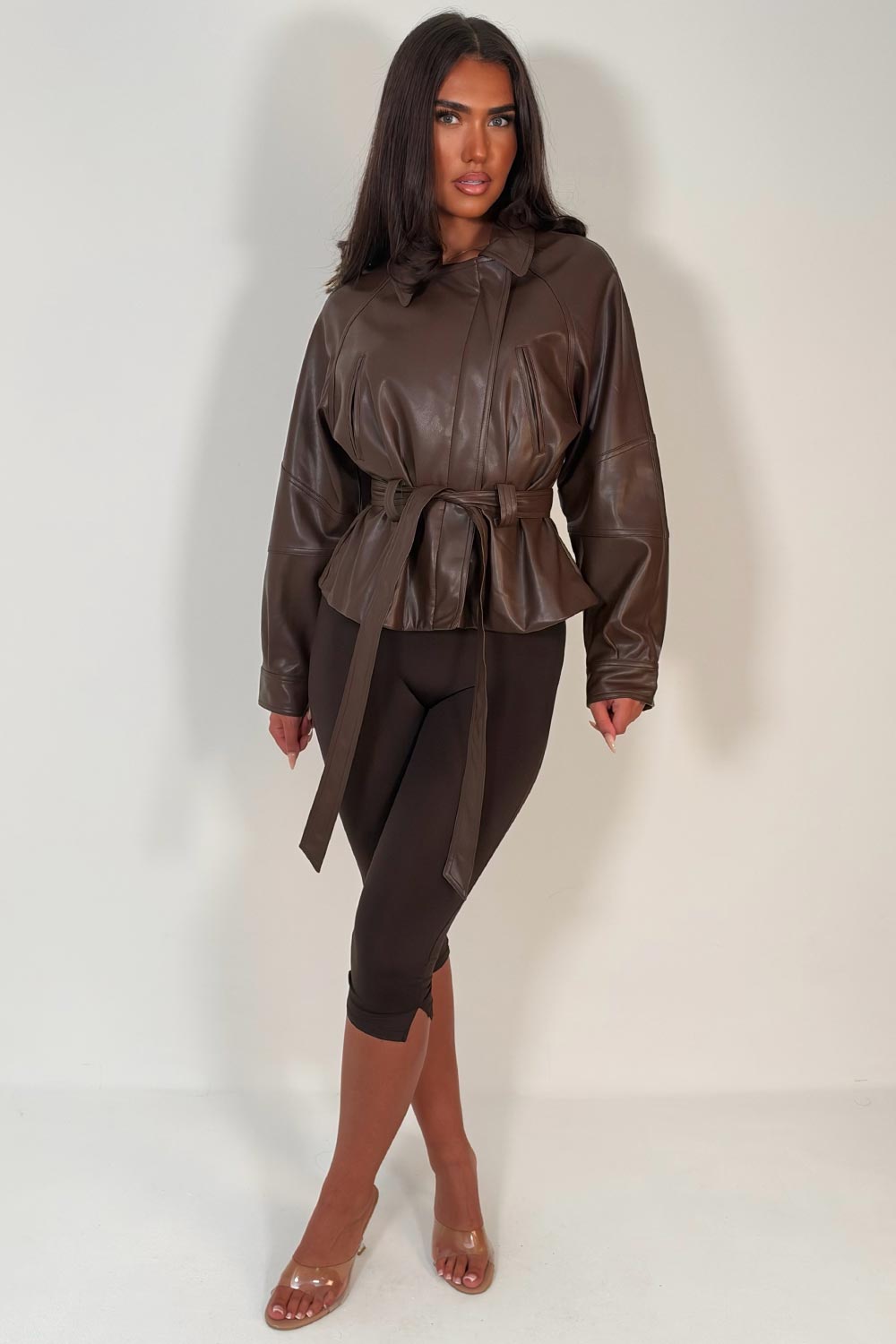 zara womens brown faux leather belted trench jacket styledup uk