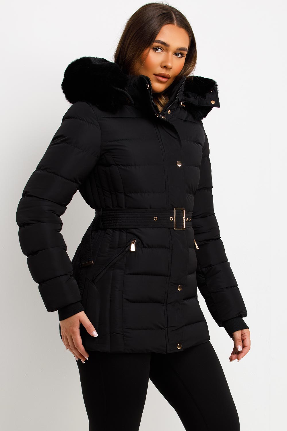 womens winter coat with fur hood and belt styled up uk warm outerwear for females