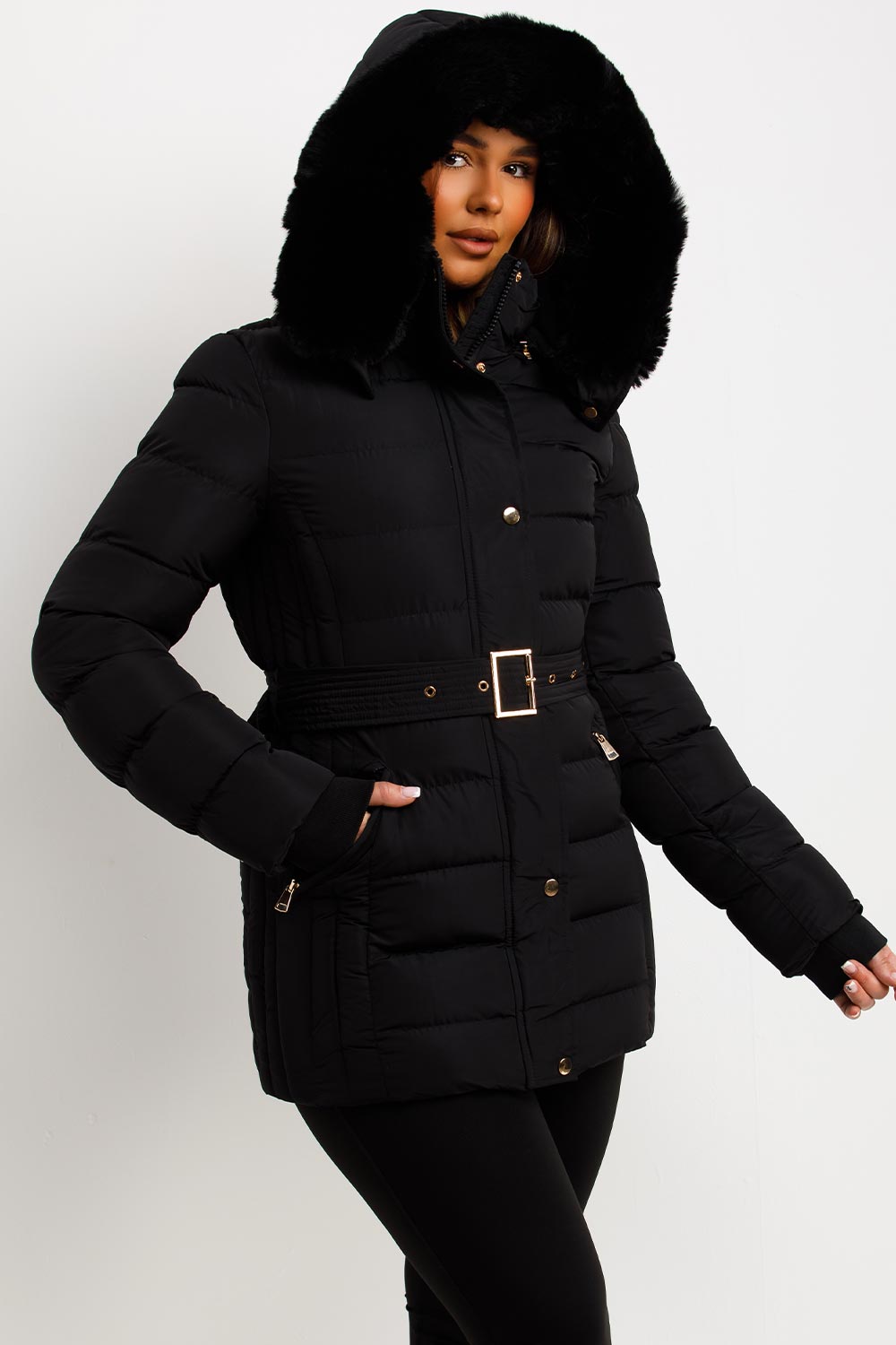 black faux fur hood winter coat with belt for womens styledup