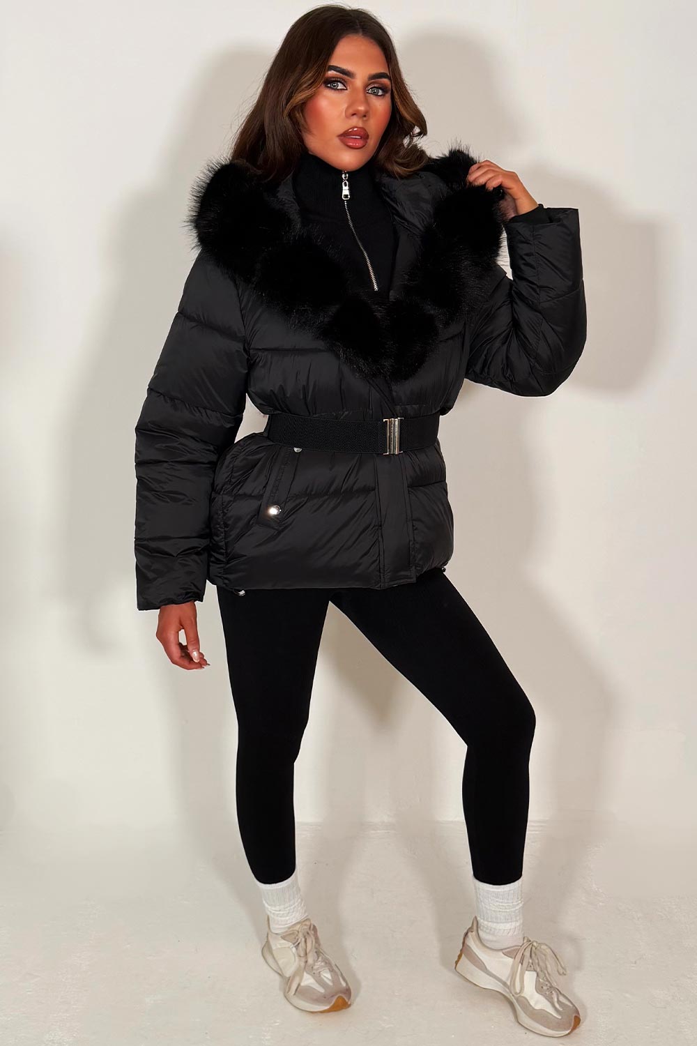 womens big faux fur hooded padded puffer jacket with belt for winter