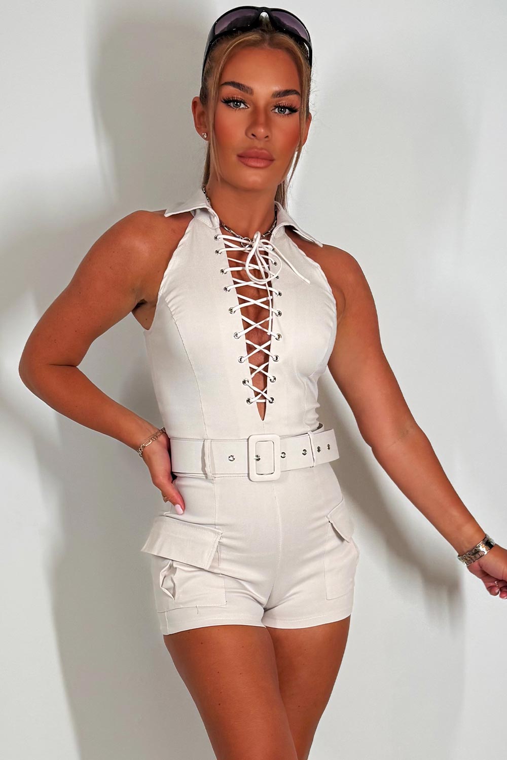 lace up front playsuit with belt christmas party rave festival outfit styledup