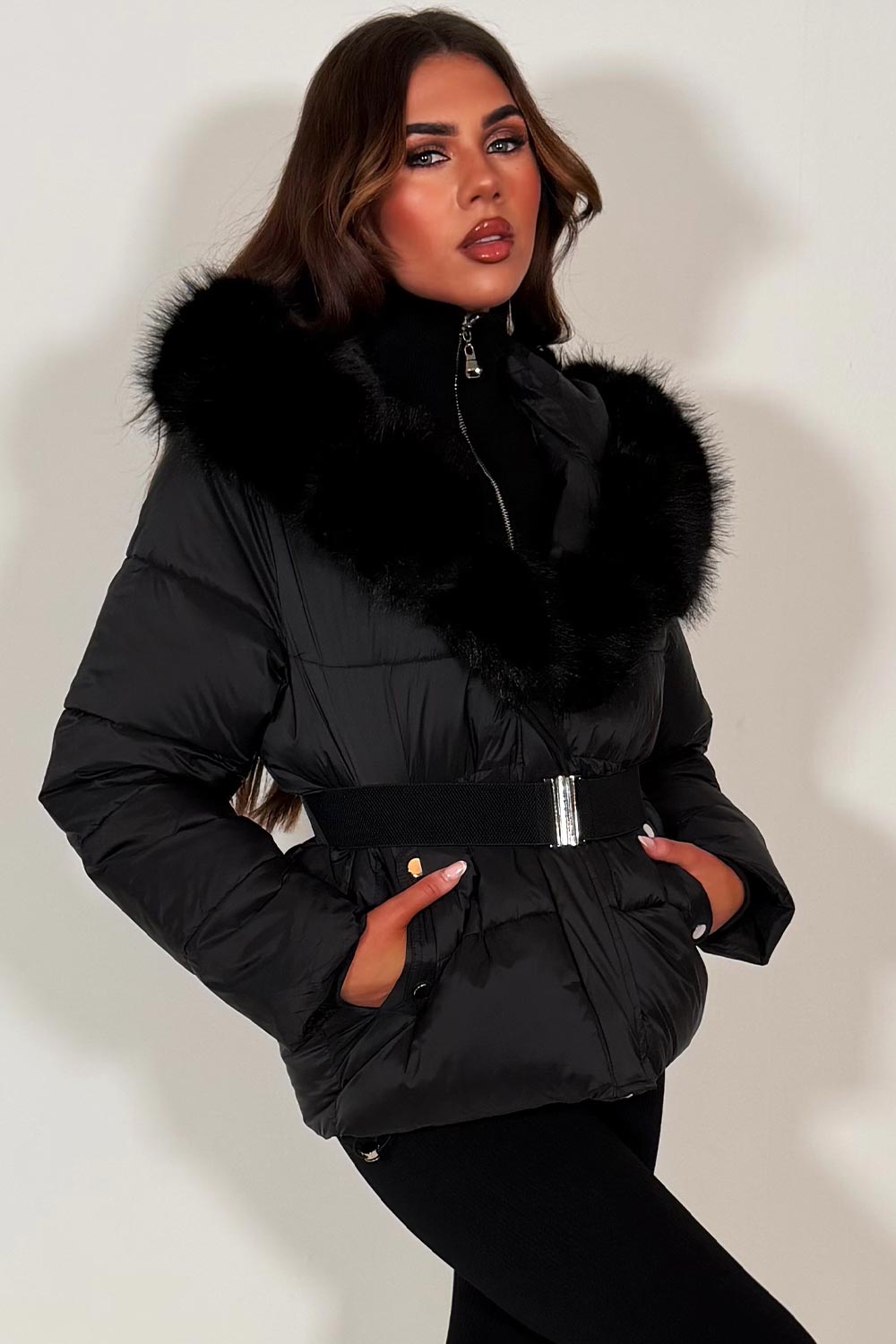 womens faux fur hood puffer padded winter jacket with waist belt outerwear with premium fur hood in black colour