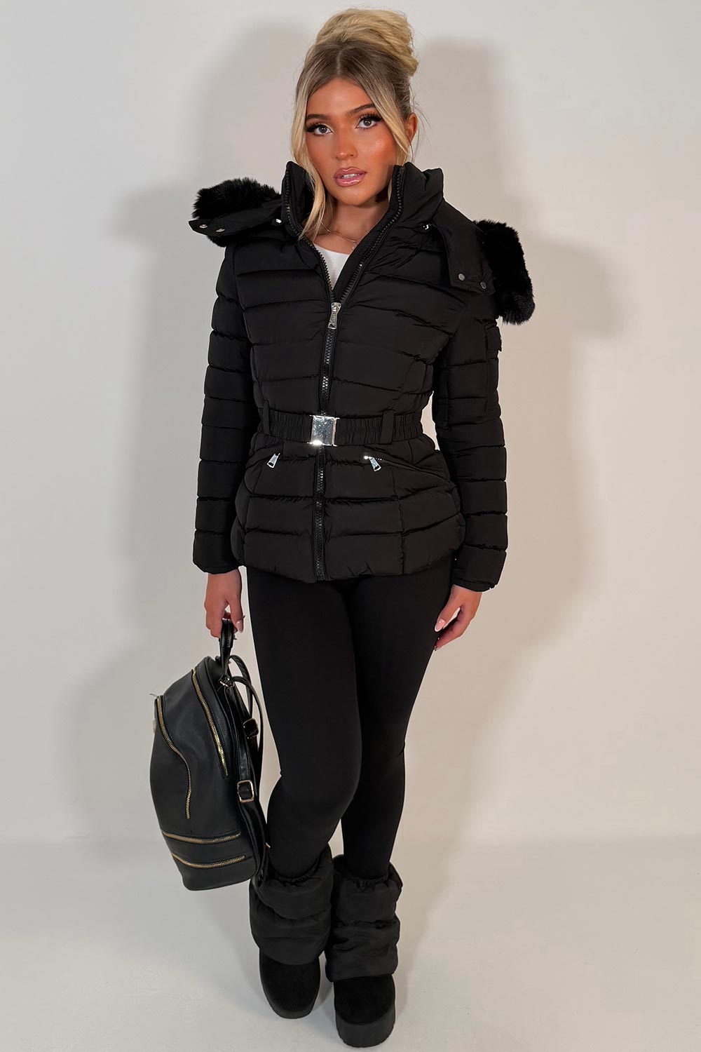 womens hooded padded puffer jacket for winter with faux fur hood styledup uk